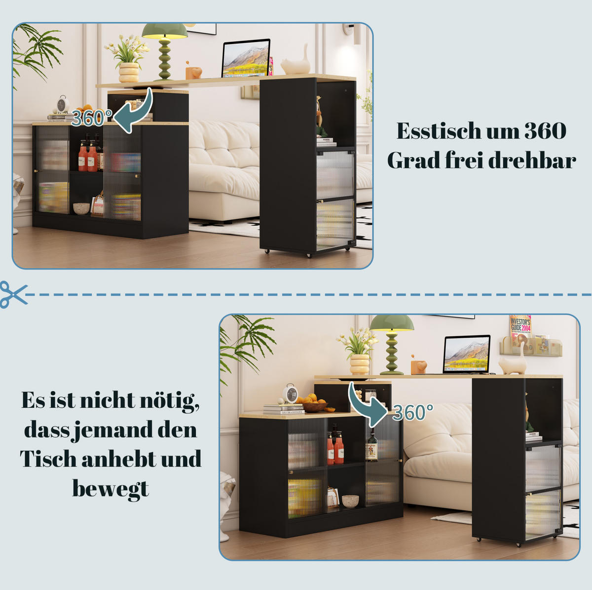 MULTIFUNKTIONALER Kücheninsel 155x40x90cm Schwarz aus MDF/Glas mit Schiebetüren - Schwarz, Holzwerkstoff (155/90/40cm) - Modfu