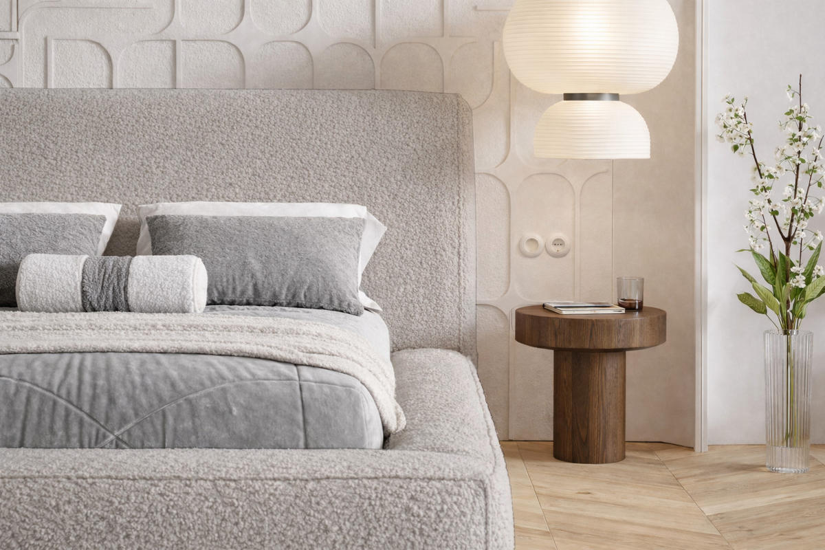 POLSTERBETT Boucle 180x200 Karano, Dicker Schaum, Bettkasten, Hellgrau - Hellgrau, Holz/Textil (180/200cm) - Emporius