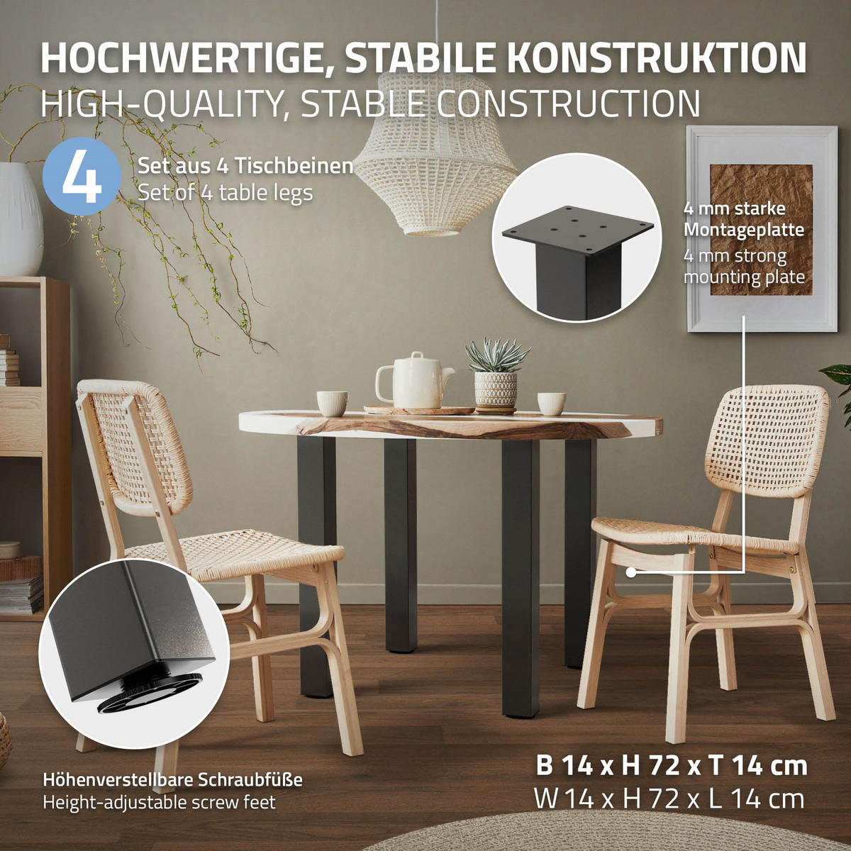 TISCHBEINE 4er Set I-Design H:72 cm Dunkelgrau 8x8 cm - Dunkelgrau, Metall (8/72/8cm) - ML-DESIGN