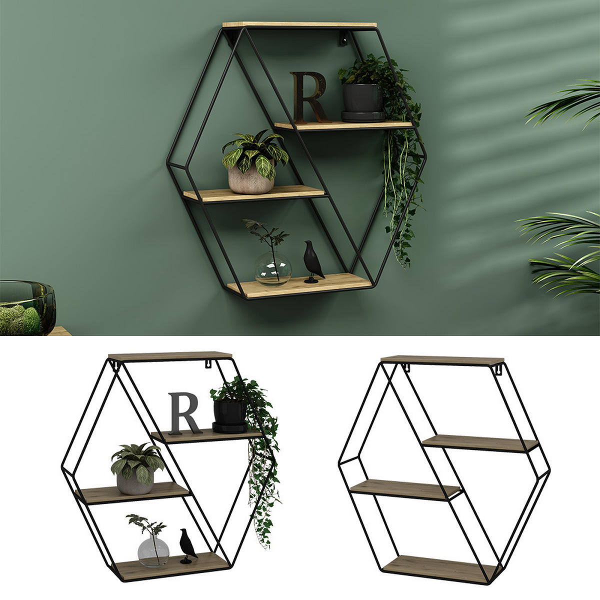 WANDREGAL Fyrk Eiche 51 x 52 cm Eckform - Eichefarben/Schwarz, Holzwerkstoff (51/52/11cm) - Vicco