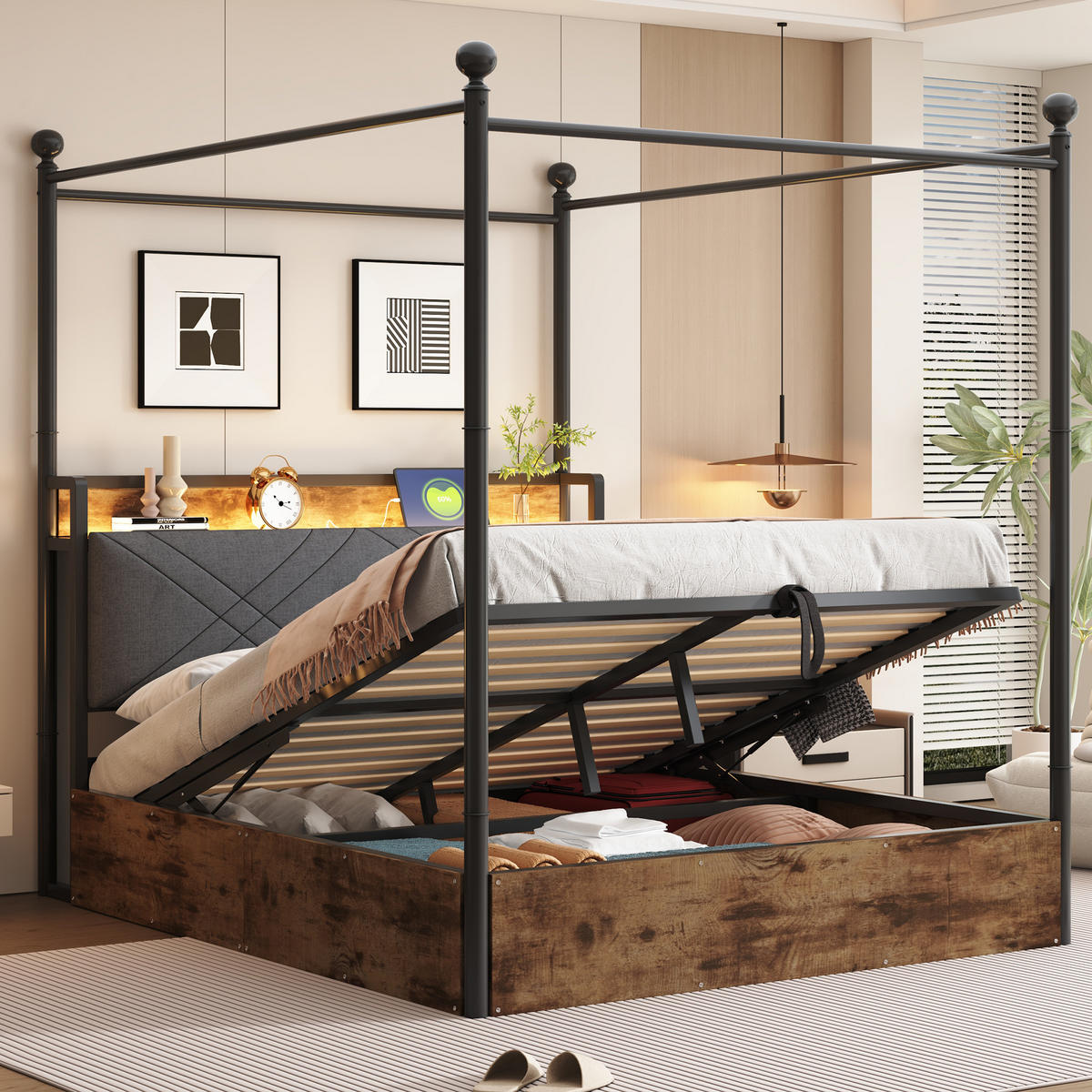 METALLBETT 140/190 cm mit Kopfteil, Stauraum, LED und USB/Type-C in Schwarz - Schwarz, Metall (140/190cm) - BEAOK