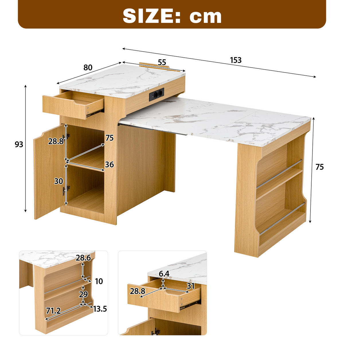 KÜCHENINSEL ausziehbar 55-153/80/93 cm DE-39575 Natur - Naturfarben, Holzwerkstoff (80/93/56.2cm) - ComfortXL