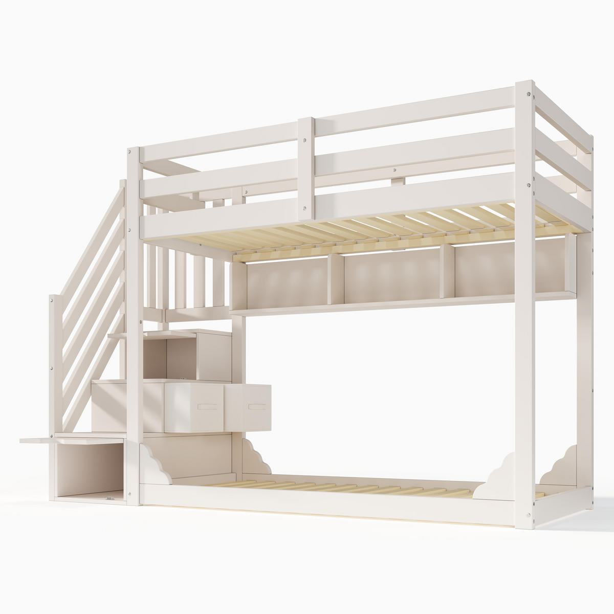 ETAGENBETT 90/200 cm aus Holz mit Treppenschrank, Stauraum und Sicherheitsgeländer, Weiß - Weiß, Holzwerkstoff (90/200cm) - Redom