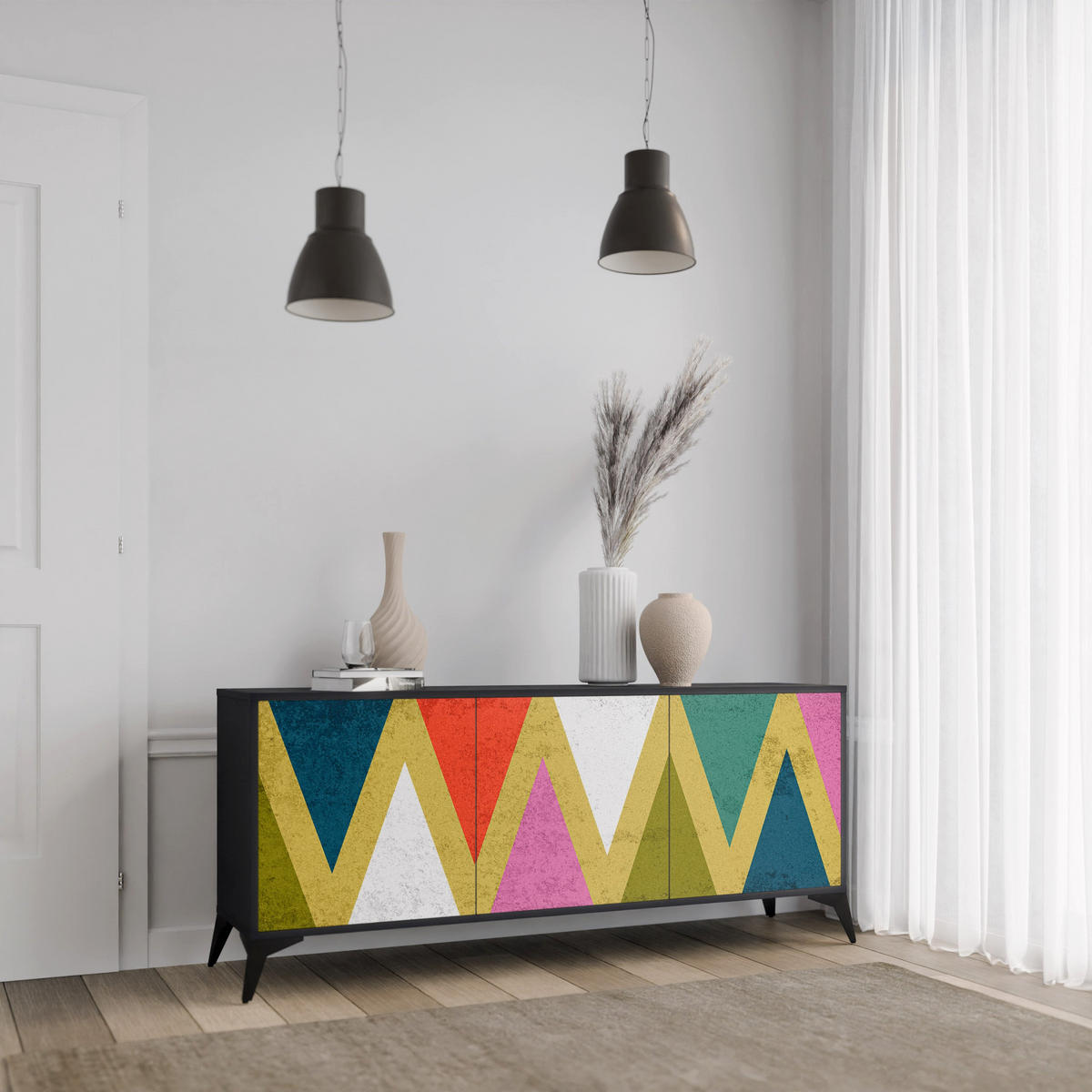 SIDEBOARD COLORFUL TRIANGLES, Eicheneffekt, 164,5x42x77,5 cm, 3 Türen - Eichefarben/Buchefarben, Holzwerkstoff/Buchenholz (164.5/77.5/42cm) - SpaceRebels