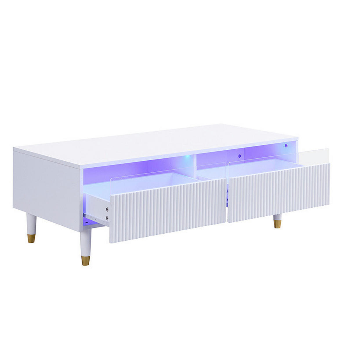 COUCHTISCH 110/50/40 cm mit LED-Beleuchtung, 2 Schubladen und MDF-Korpus mit gold-weißen Massivholzbeinen, Weiß - Weiß, Holzwerkstoff (110/50/40cm) - Redom