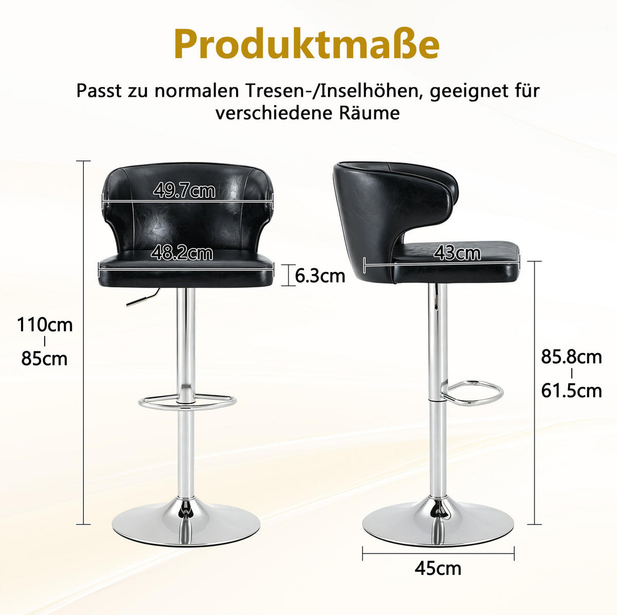 BARHOCKER mit Lehne, 360° drehbar, höhenverstellbar ca. 85–110 cm, Schwarz - Schwarz, Kunststoff (45/110/49.7cm) - MIVRAY