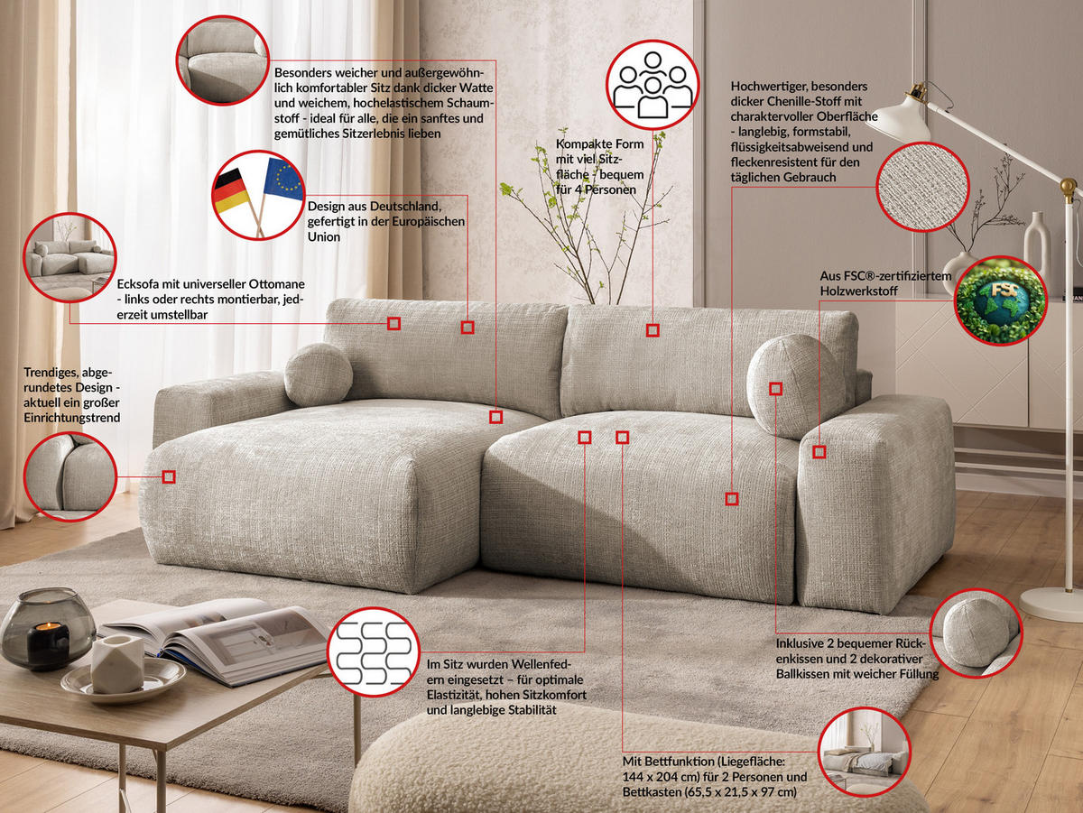 ECKSOFA Puffy mit Schlaffunktion und Bettkasten - besonders weich und puffig aus Dunkelbeige Chenille-Stoff - Ottomane links - Beige/Schwarz, Holz/Kunststoff (138/266cm) - S-Style Möbel