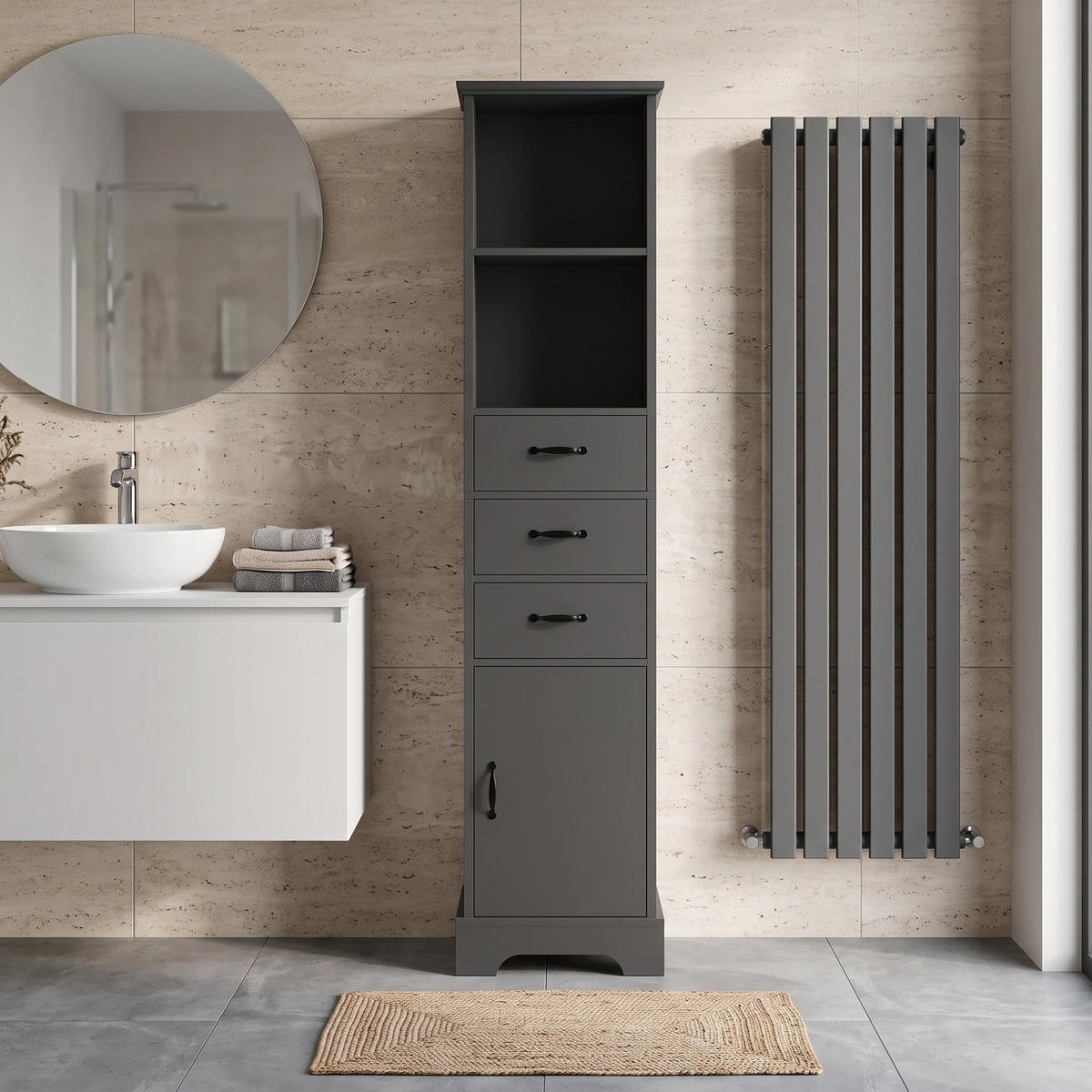 BADEZIMMERSCHRANK Schwarz Hochschrank mit 3 Schubladen, Tür & verstellbaren Böden - Schwarz, Holzwerkstoff (38/172.5/26cm) - Urban Meuble