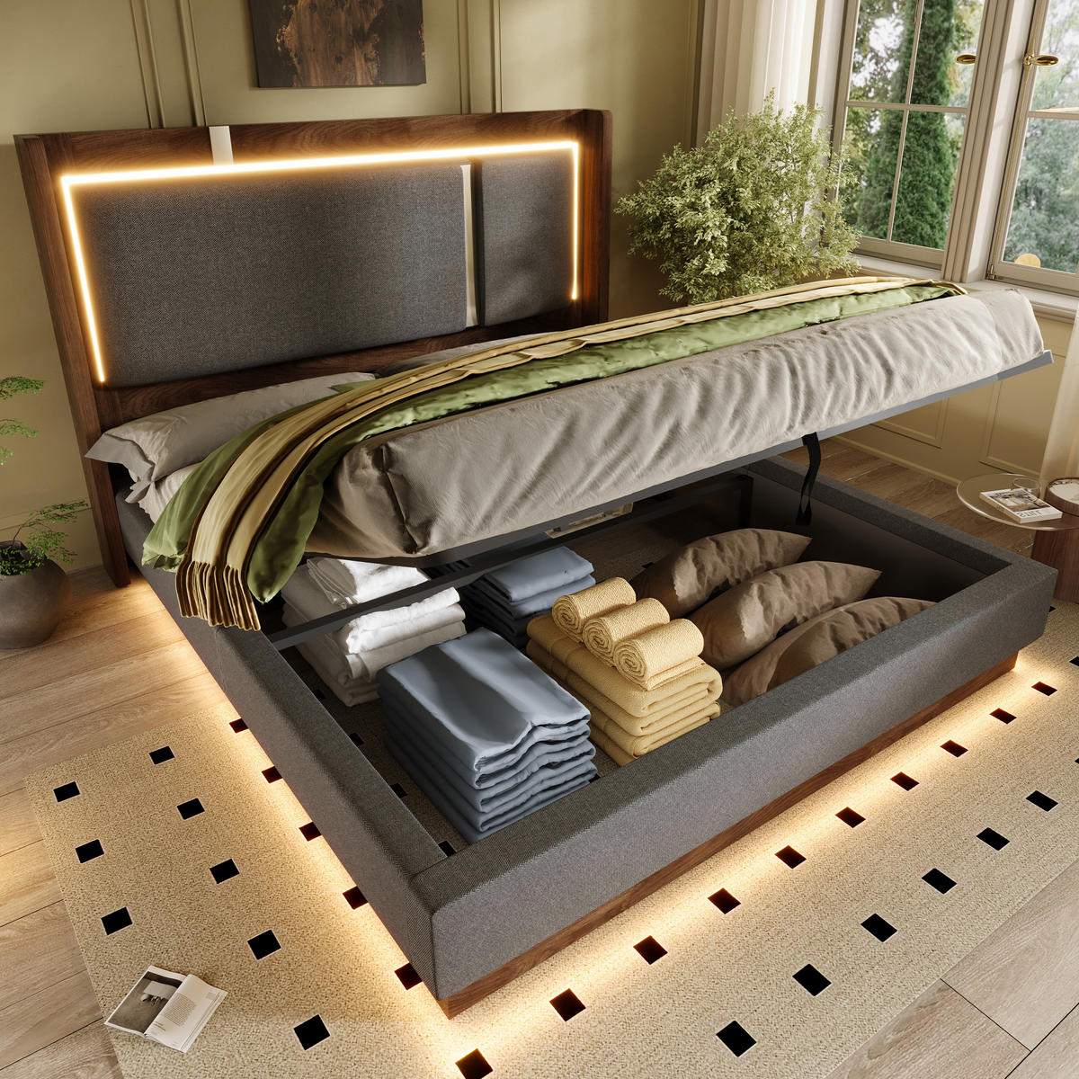 POLSTERBETT 180/200 cm Grau mit LED und Bettkasten, ohne Matratze - Grau, Textil (180/200cm) - Oxeza