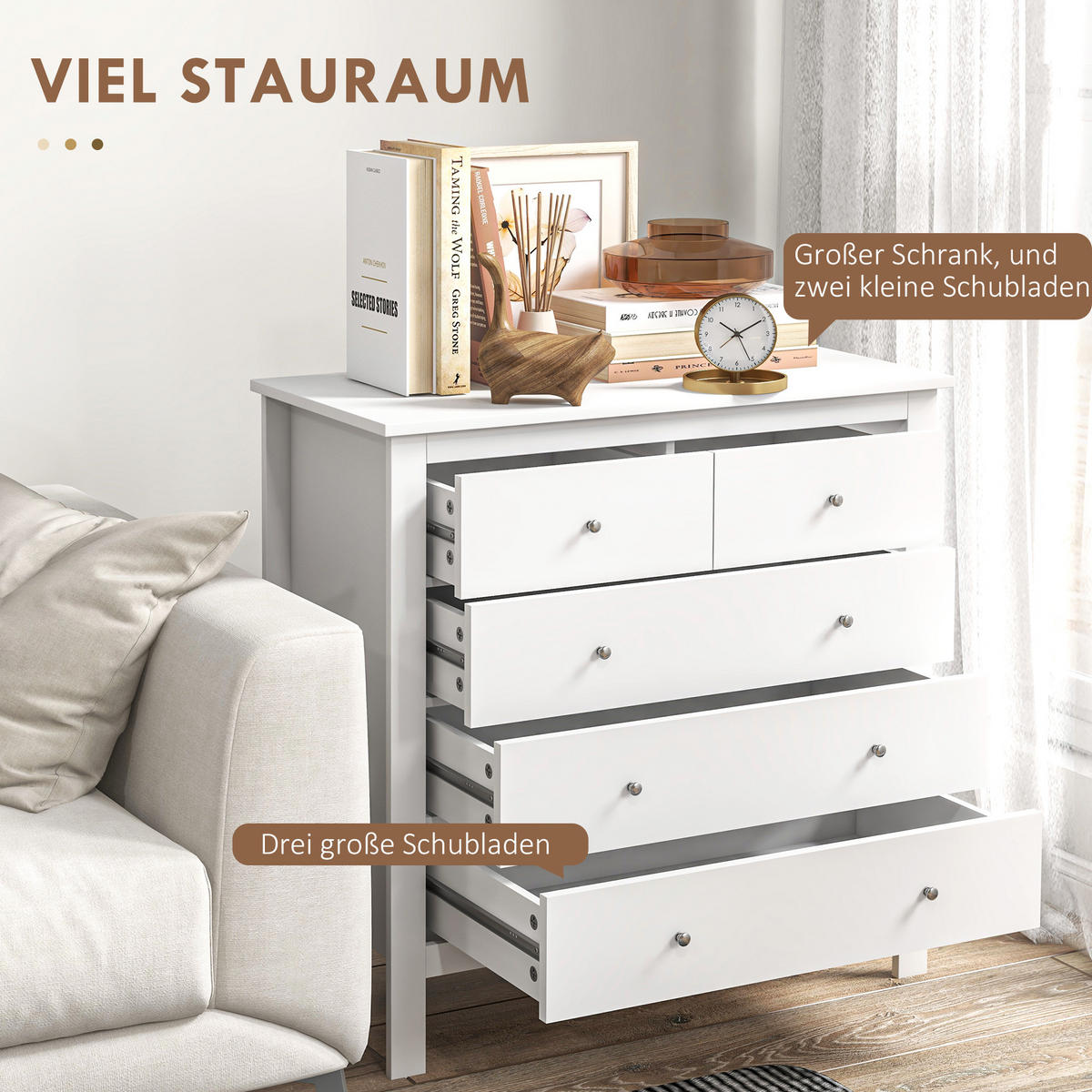 KOMMODE Beistellschrank mit 5 Schubladen Sideboard mit Anti-Kipp-Schutz Weiß - Weiß, Metall (39.5/80.5/79cm) - HOMCOM