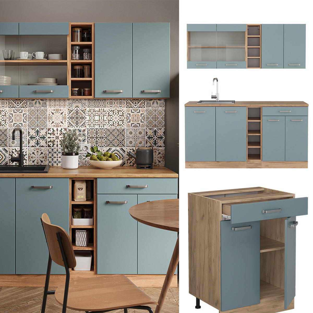 SINGLEKÜCHE KÜCHE R-Line Blau-Grau/Goldkraft Eiche 160 cm ohne AP - Eiche Wotan/Blaugrau, Holzwerkstoff (160/81.6/46cm) - Vicco