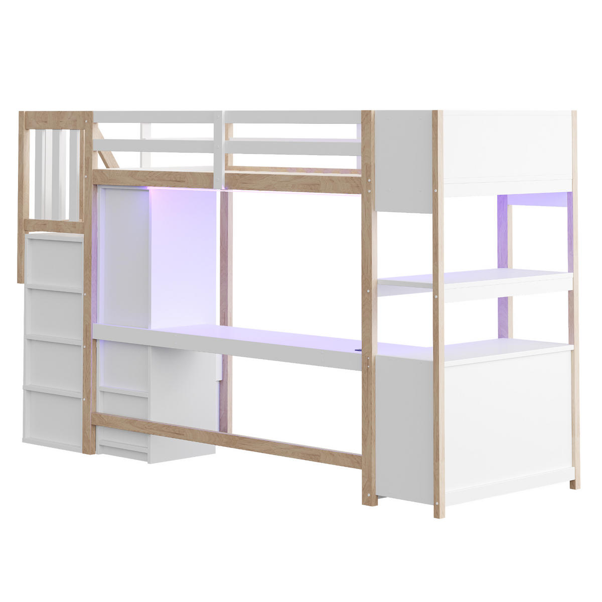 HOCHBETT 90/200 cm DE-01514, in Holzfarbe & Weiß, mit Kleiderschrank, Schreibtisch und LED-Lichtleiste - Naturfarben, Holz (90/200cm) - ComfortXL