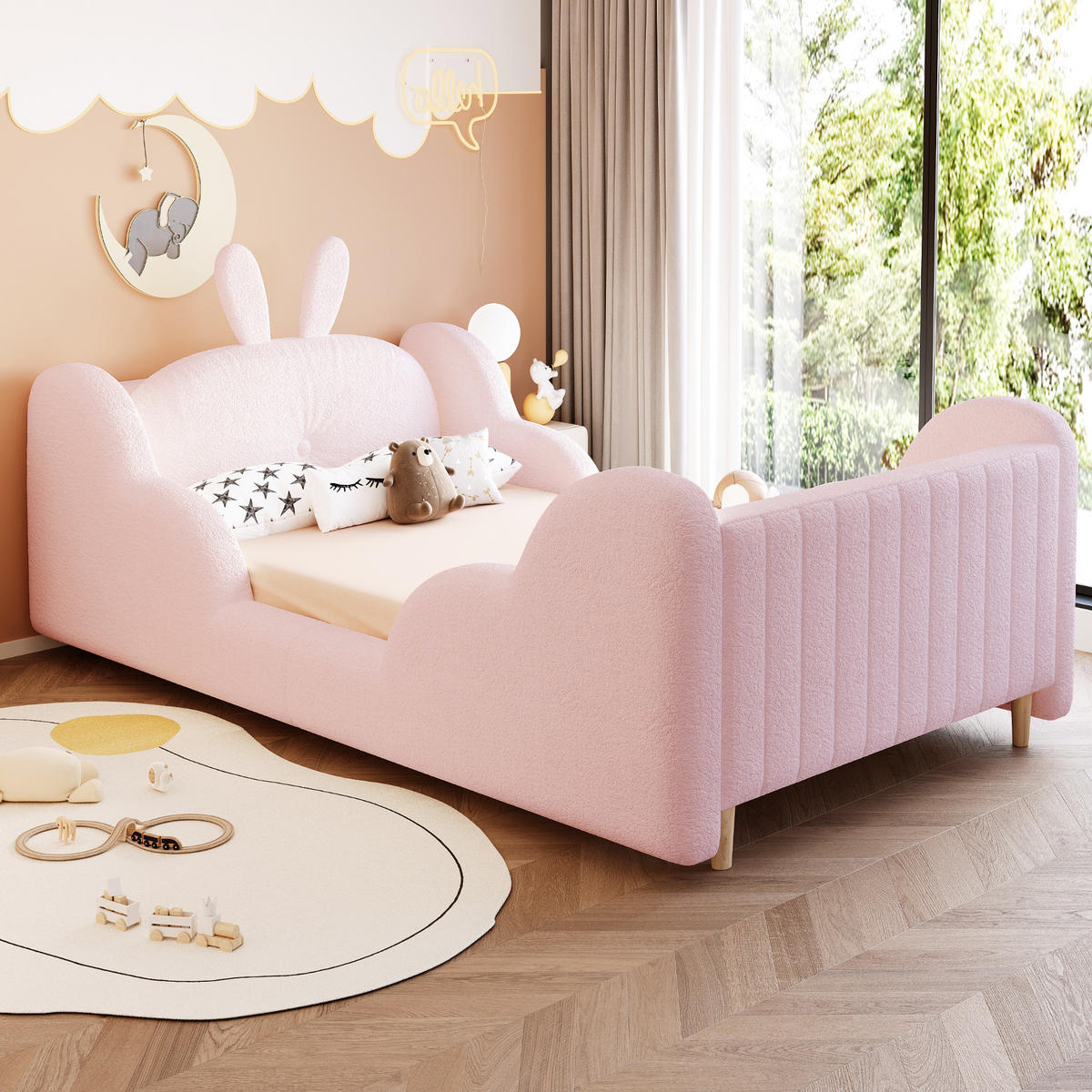 KINDERBETT 90/200 cm in Rosa mit Lattenrost Stoff Hasendesign - Rosa/Naturfarben, Holzwerkstoff/Textil (90/200cm) - STILVORA
