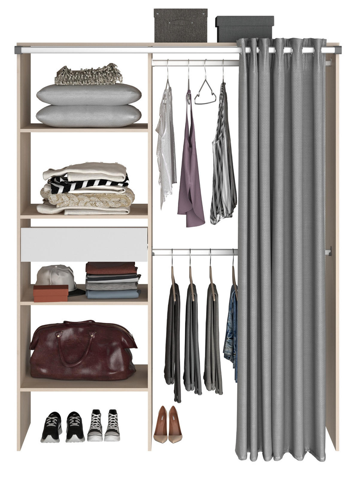 KLEIDERSCHRANK Akazie, grau, Mehrzweckschrank 143 cm mit Vorhang - Akaziefarben/Grau, Holzwerkstoff/Metall (143/182/48cm) - Parisot Meuble