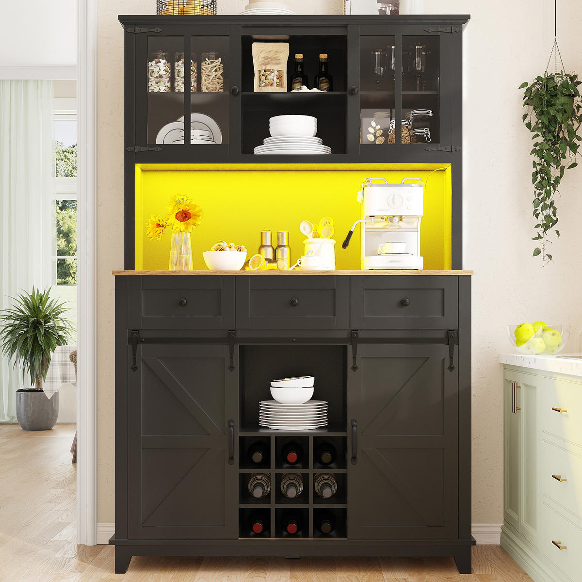 KÜCHENSCHRANK 105x38.4x180cm LED Hochschrank Schwarz - Schwarz, Holzwerkstoff (105/180/38.4cm) - FLIEKS