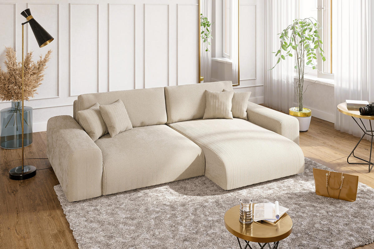 ECKSOFA mit Schlaffunktion, Bettkasten, Wellenunterfederung, seitenverkehrt montierbar B255/T165/H84 cm, Liegefl. 148x196 cm, Cord Beige / 21001 - Beige/Schwarz, Kunststoff/Textil (255/165cm) - luma-home