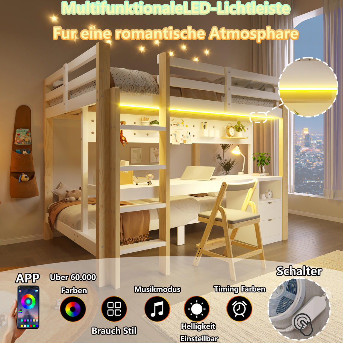 HOCHBETT 90/200 cm & 140/200 cm in Natur/Weiß mit Schubladen, Schreibtisch, Lochplatte und LED - Weiß/Naturfarben, Holz/Holzwerkstoff (140/200cm) - CHICFURN