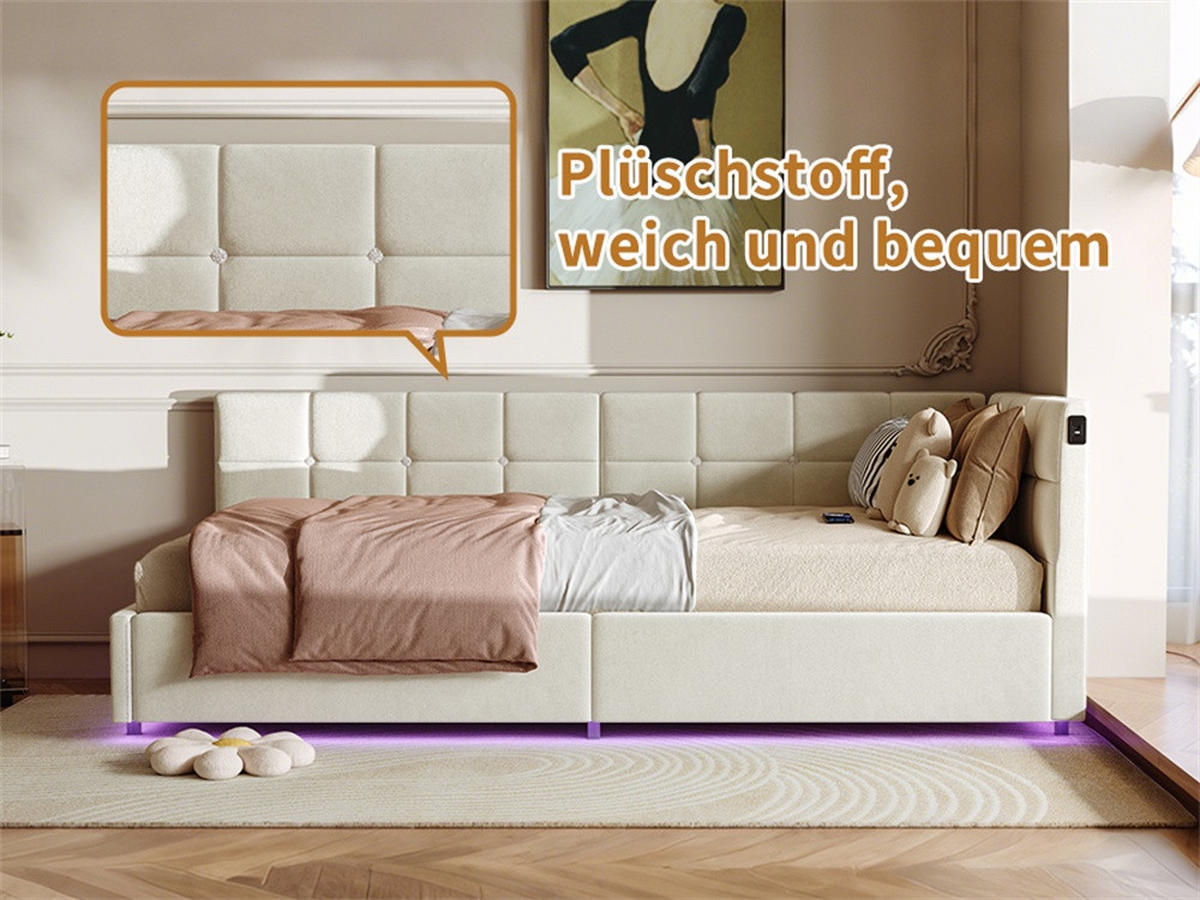 POLSTERBETT 90x200 cm mit LED und hydraulischer Hebefunktion - ohne Matratze - Creme - Creme, Textil (90/200cm) - DELFA