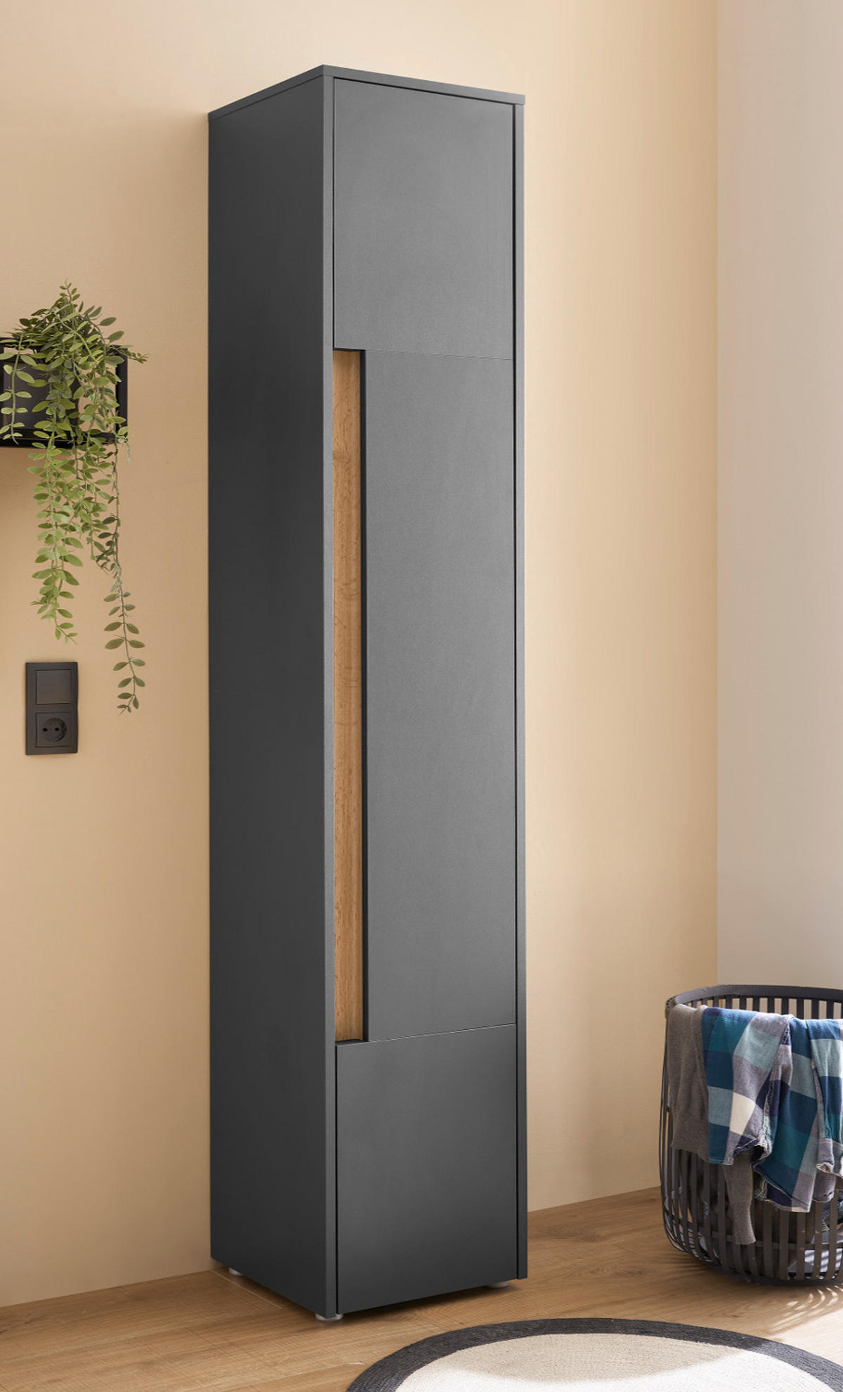 BAD-HOCHSCHRANK grau matt, Wotan Eiche, Badschrank 34 x 200 cm - Eiche Wotan/Schwarz, Holzwerkstoff/Kunststoff (34/199/34cm) - Furn.Design