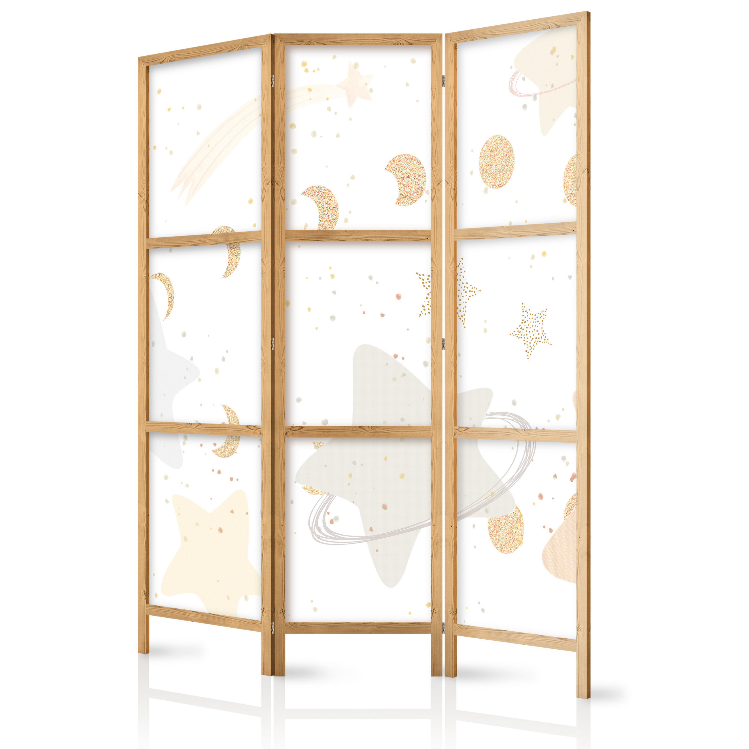 PARAVENT Japanischer 3-tlg 135x172 cm Pastellfarbene Sterne und Monde - Weiß, Holz/Textil (135/172/3cm) - Muralo
