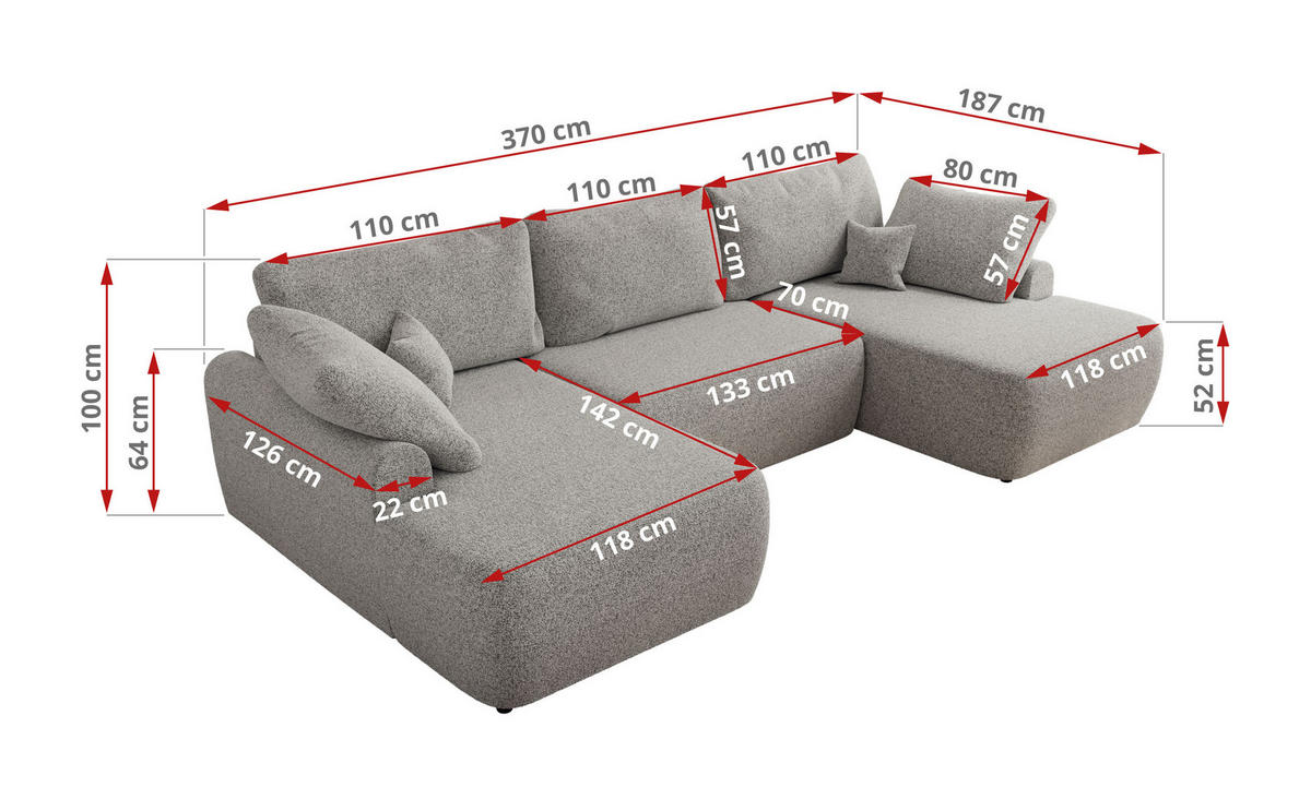 WOHNLANDSCHAFT CUBO U Hellgrau Struktur - Hellgrau/Schwarz, Kunststoff/Textil (370/100/187cm) - MKS