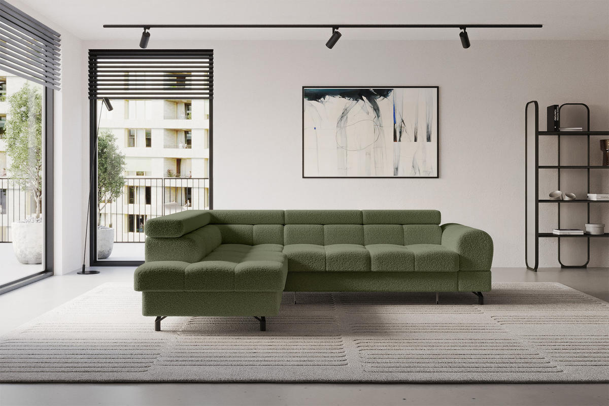 ECKSOFA mit Schlaffunktion Ottomane Links LUMA-L 272x203x70 Grün Bouclé - Smaragdgrün/Schwarz, Holzwerkstoff/Kunststoff (272/203cm) - ALTDECOR