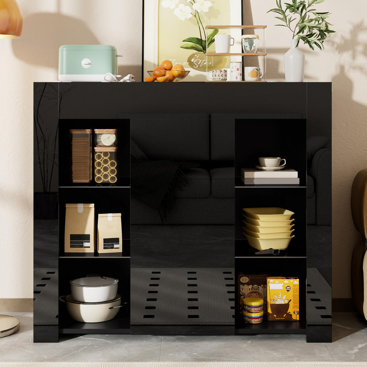 SIDEBOARD 95/35/83 cm in Schwarz mit Hochglanz-Front und Glasregalen - Schwarz, Holzwerkstoff (95/83/35cm) - Flora Grace
