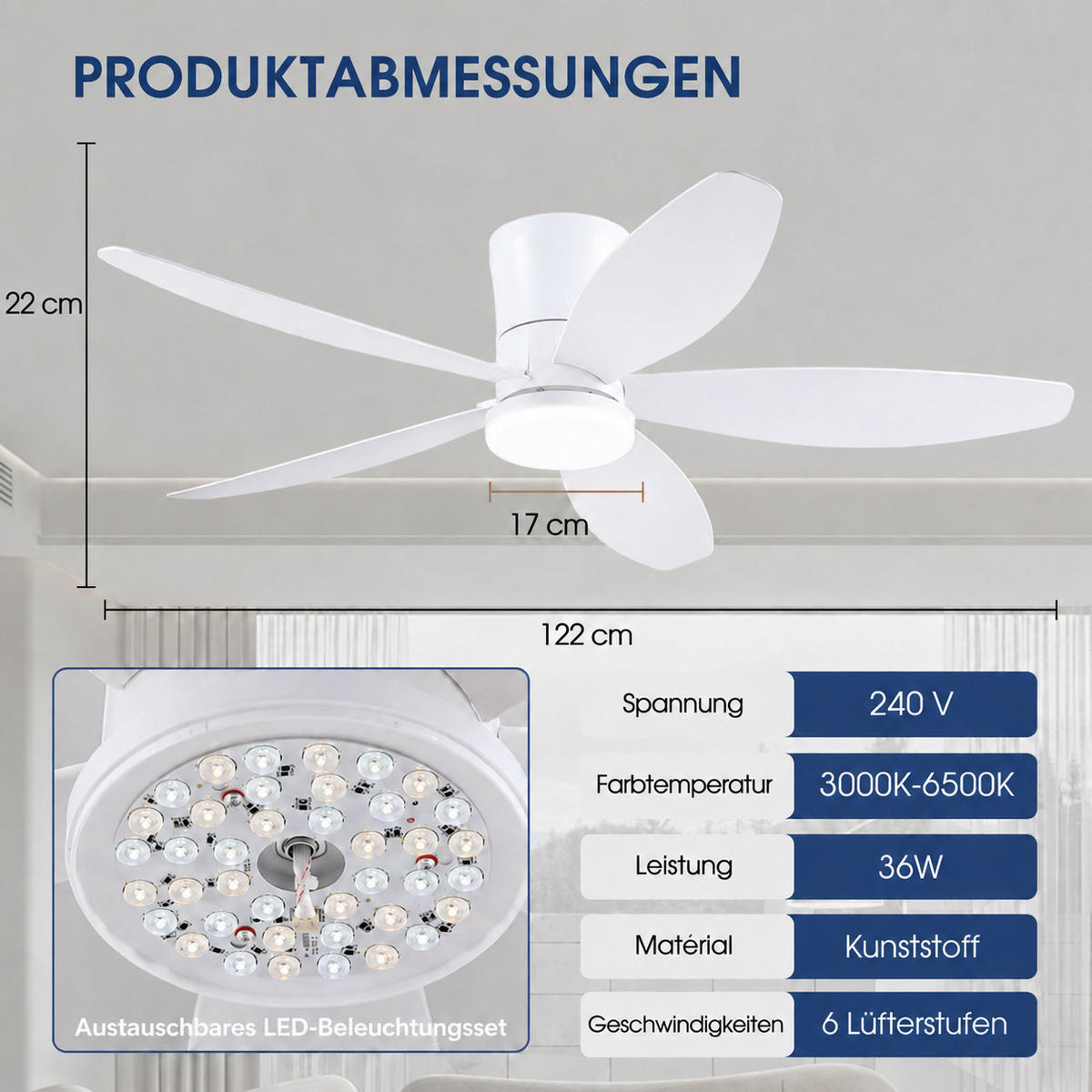DECKENVENTILATOR Weiß 122 cm mit LED und leisem DC-Motor - Weiß, Kunststoff (122/122/22cm) - Surtime