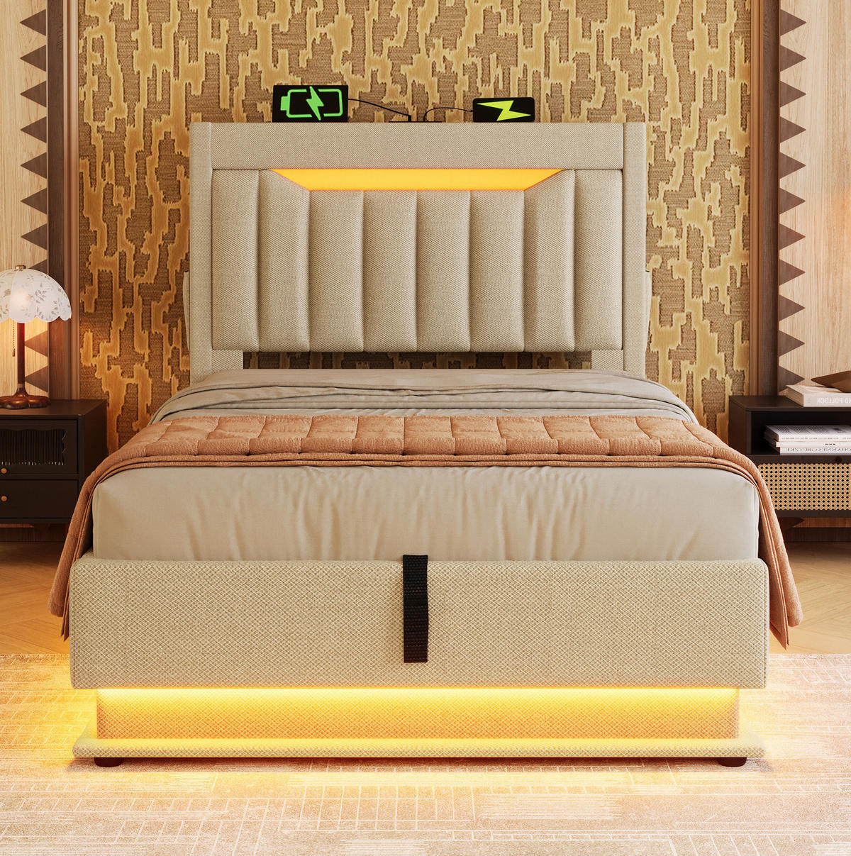 POLSTERBETT mit Stauraum 90x200 cm Leinen Beige mit LED und USB - Beige, Metall (90/200cm) - Meubliv
