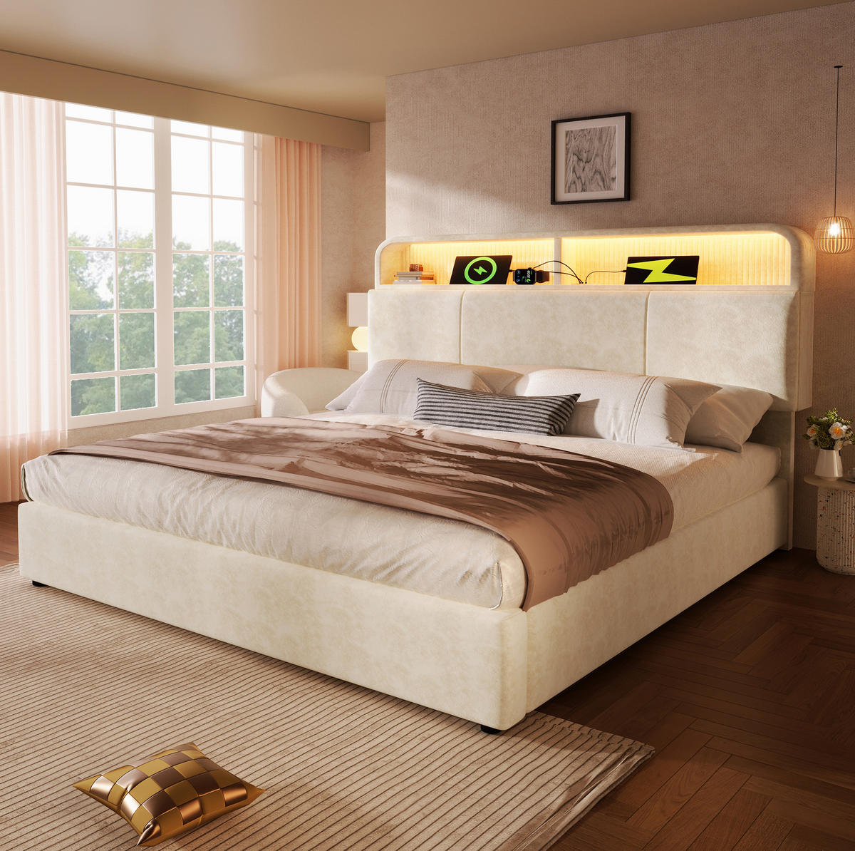 POLSTERBETT Samt 180x200 cm Beige mit Stauraum, LED-Beleuchtung, USB-/Type-C-Ladestation und Lattenrost - Beige, Textil (180/200cm) - IVMEU
