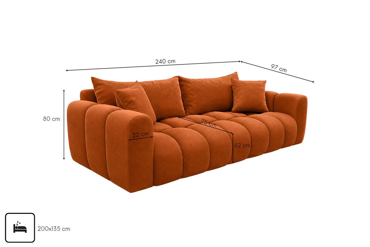 ROZKLÁDACÍ POHOVKA s úložným prostorem, velurová tkanina Bluvel, Skořicová, COSMOPOLITAN - měděná, dřevo (240/97cm) - Kaiser Möbel