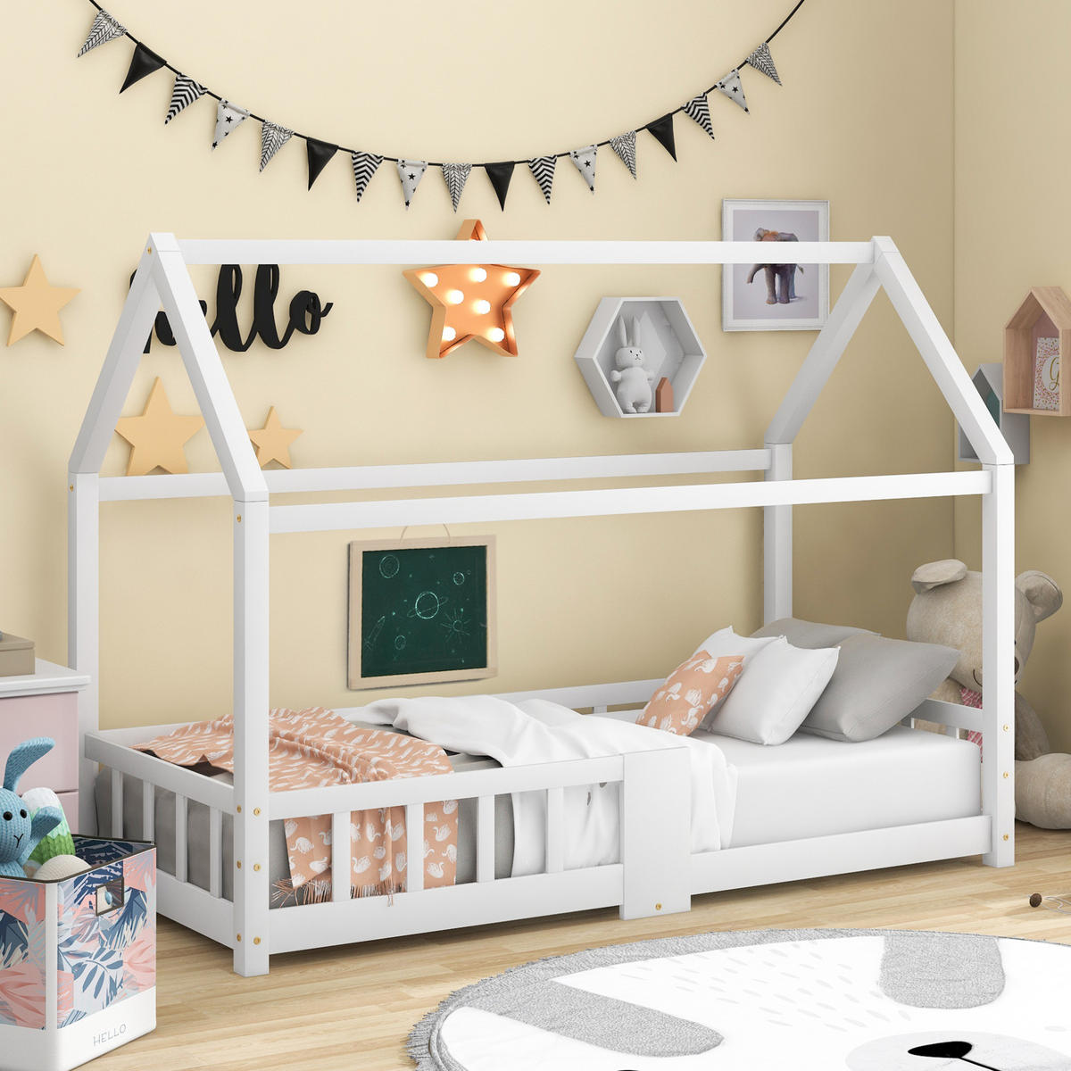 KINDERBETT Hausbett 90/200 cm mit Tafel, Lattenrost und Rausfallschutz aus Massivholz, Weiß - Weiß, Holz (90/90cm) - Redom