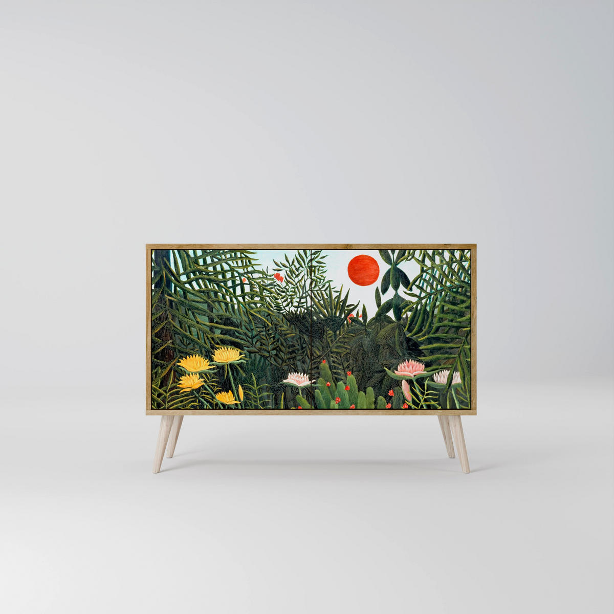SIDEBOARD VIRGIN FOREST WITH SUNSET, Eicheneffekt, 111x42x77,5 cm, 2 Türen - Eichefarben/Buchefarben, Holzwerkstoff/Buchenholz (111/77.5/42cm) - SpaceRebels
