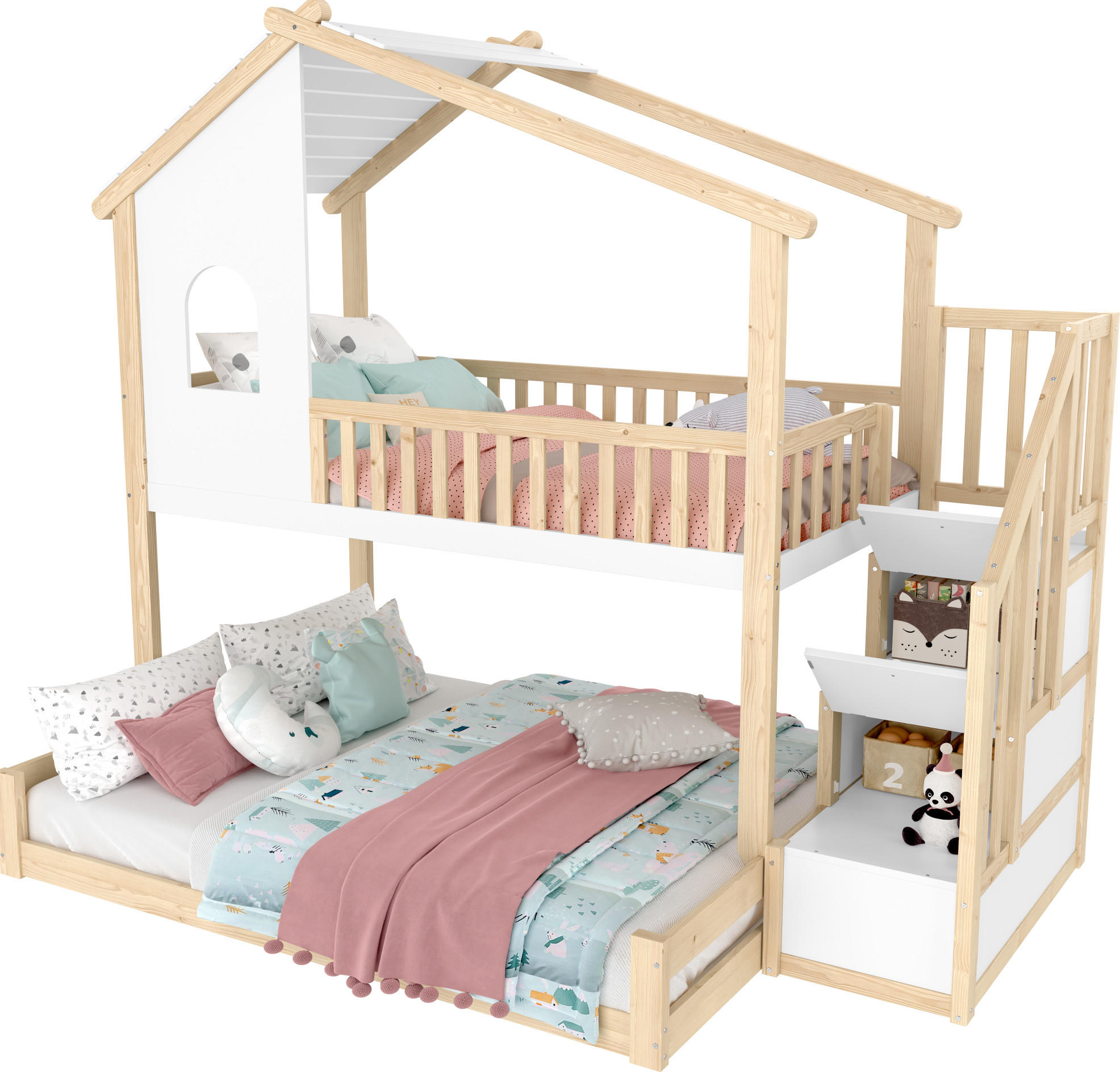 ETAGENBETT mit Bettgitter und Stauraumleiter, Natur/Weiß, 90/140/200 cm - Naturfarben, Holz (140/200cm) - MIVRAY