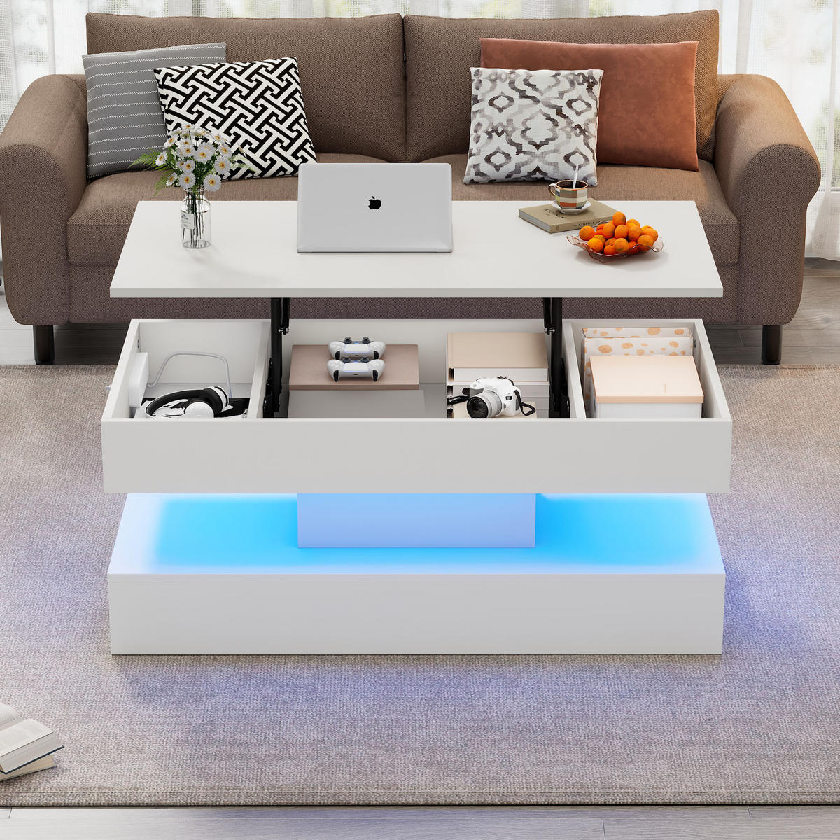 COUCHTISCH aus Spanplatte 100x50x42 cm in Weiß mit LED & Steckdosen - Weiß, Holzwerkstoff (50/100/42cm) - Modfu