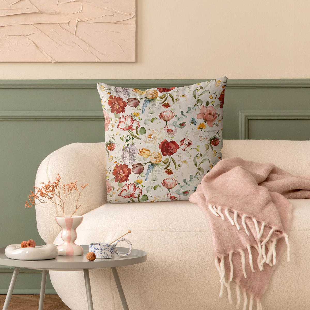 DEKOKISSEN Blumen Aquarell Vintage Muster auf Beige 40/40 cm - Eichefarben, Textil (40/40/10cm) - Bilderwelten