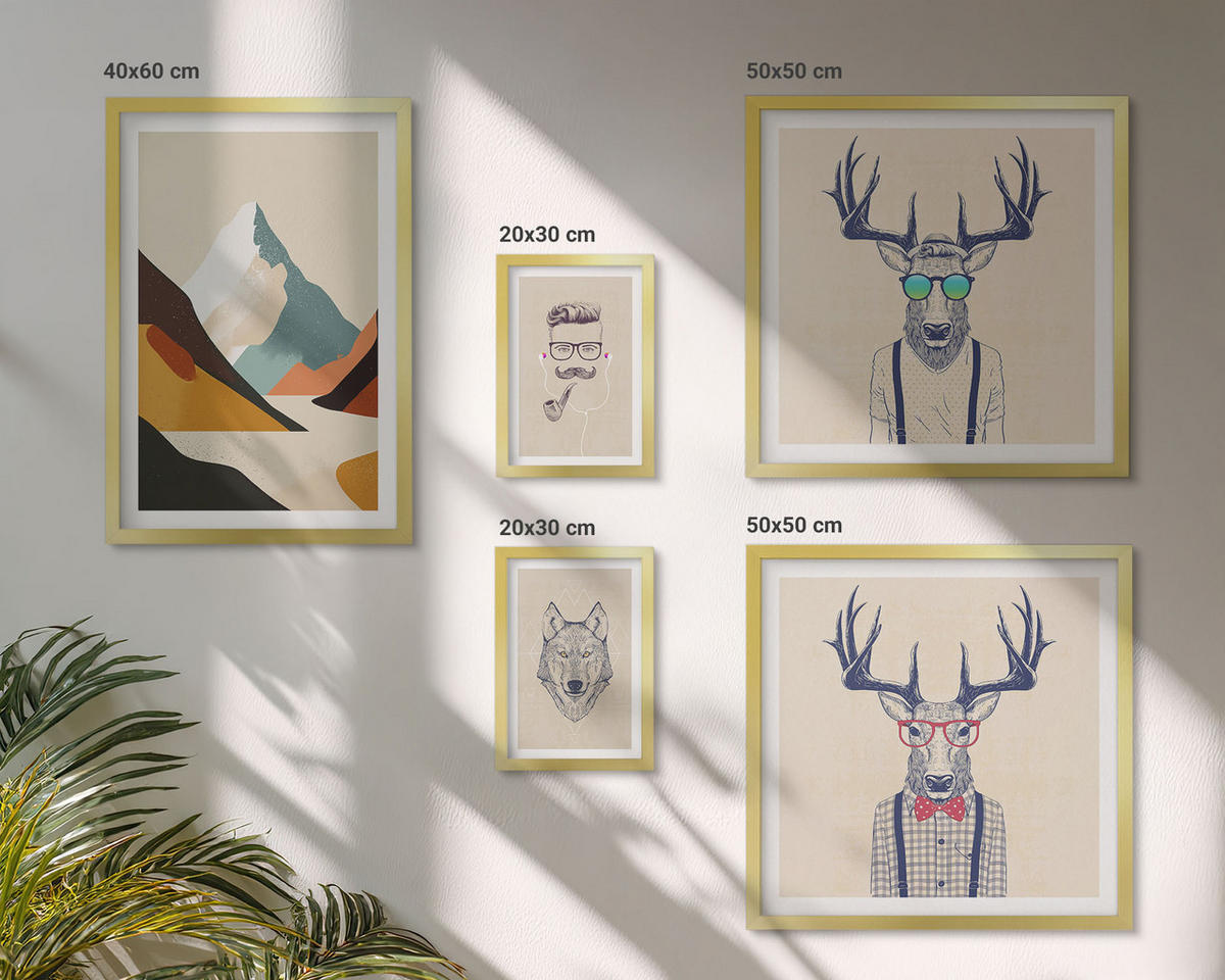BILDER SET 5er Set - 50x50 cm & 20x30 cm & 40x60 cm Goldrahmen - Strand, Leuchtturm, Berge, Wiesen, Blumen - Goldfarben, Kunststoff (40/60cm) - TULUP