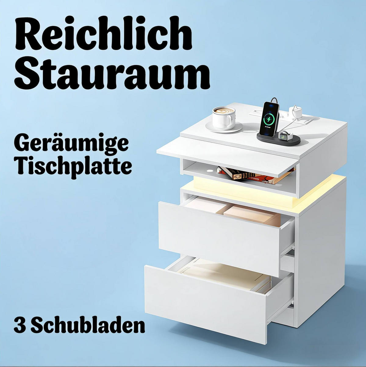 NACHTTISCH-SET aus Holz 35x40x55 cm Weiß mit LED-Beleuchtung, USB-Anschlüssen und Steckdosen - Weiß, Holzwerkstoff (35/55/40cm) - Modfu