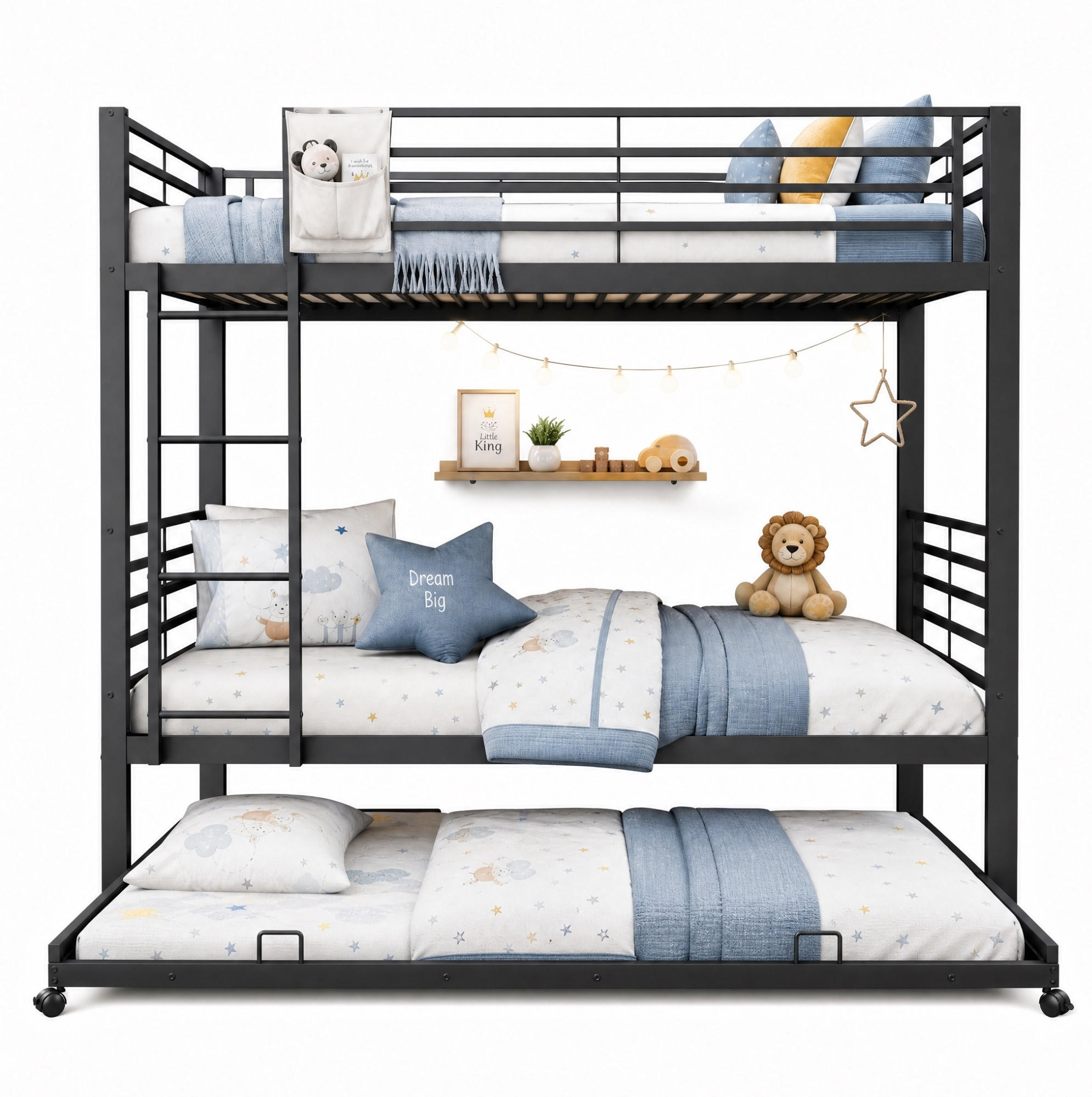 ETAGENBETT Metall 90x200 cm Schwarz mit Ausziehbett platzsparendes Kinderbett für 3 Personen - Schwarz, Metall (90/200cm) - Modfu
