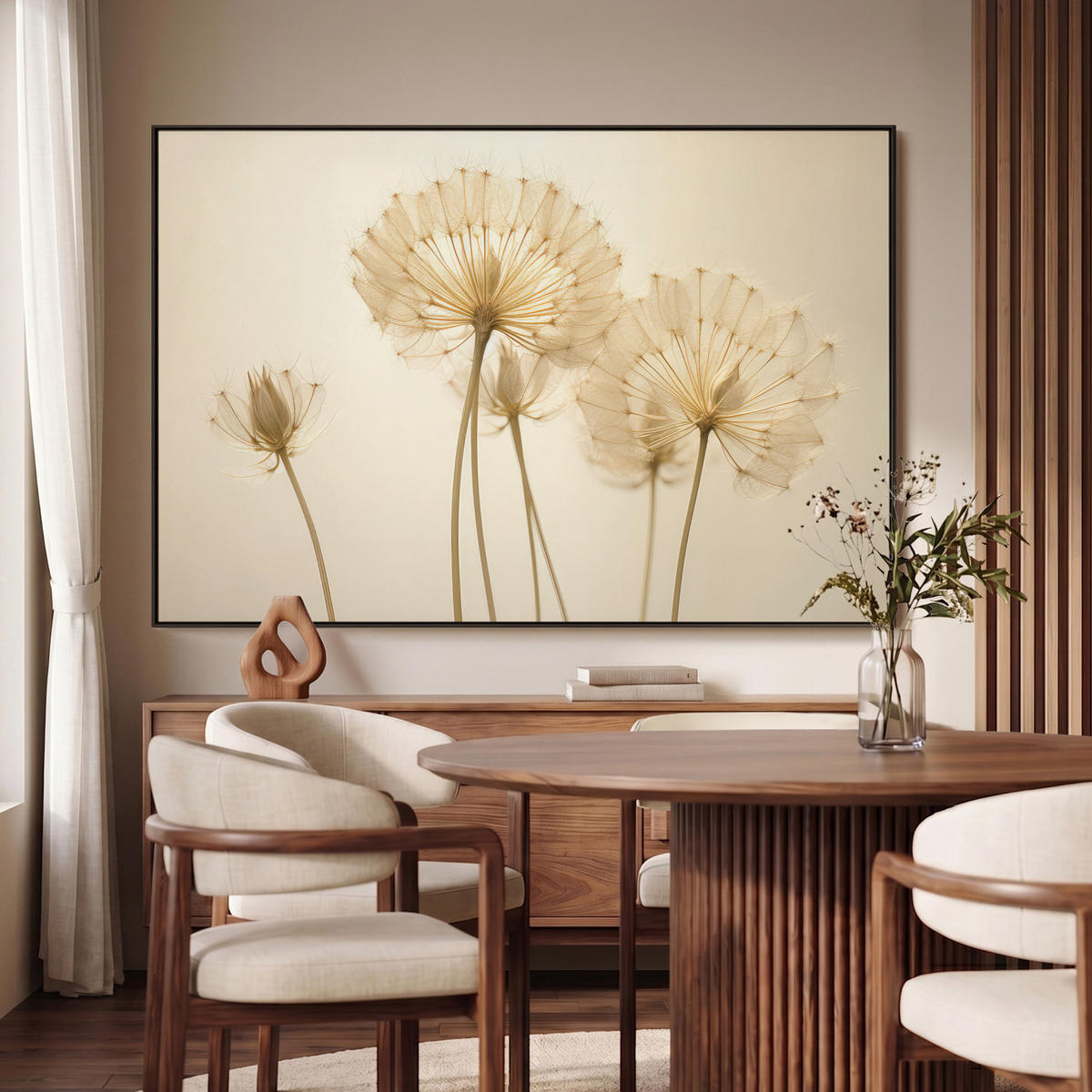 LEINWAND Bilder mit Rahmen - Sonnenlicht - Löwenzahn - Botanisch - Blumen - 140x90 - Creme, Textil (140/90cm) - MuchoWow