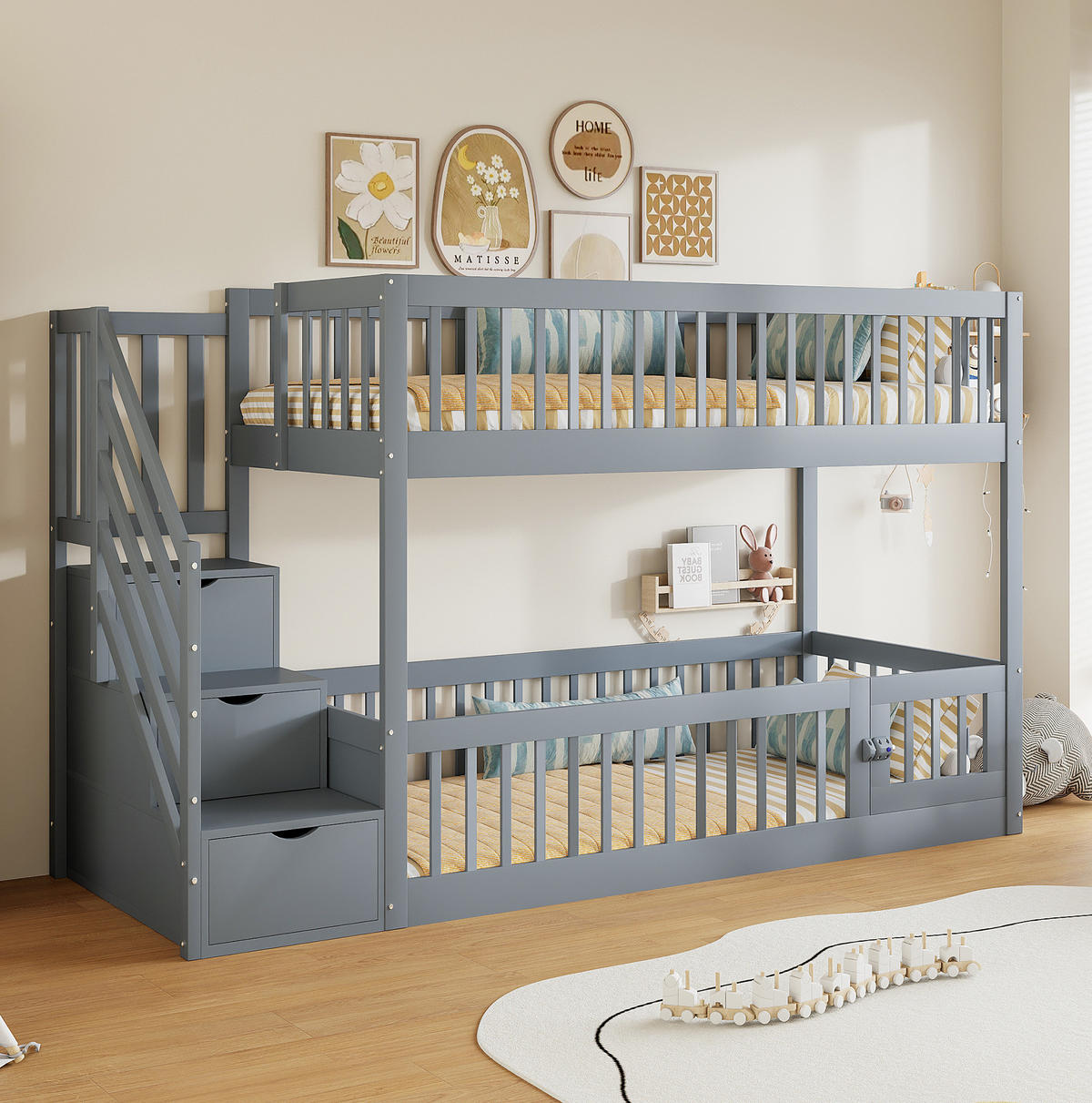 ETAGENBETT Massivholz 90x200 cm Grau mit Stauraumtreppe und Schubladen - Grau, Holz (90/200cm) - Modfu