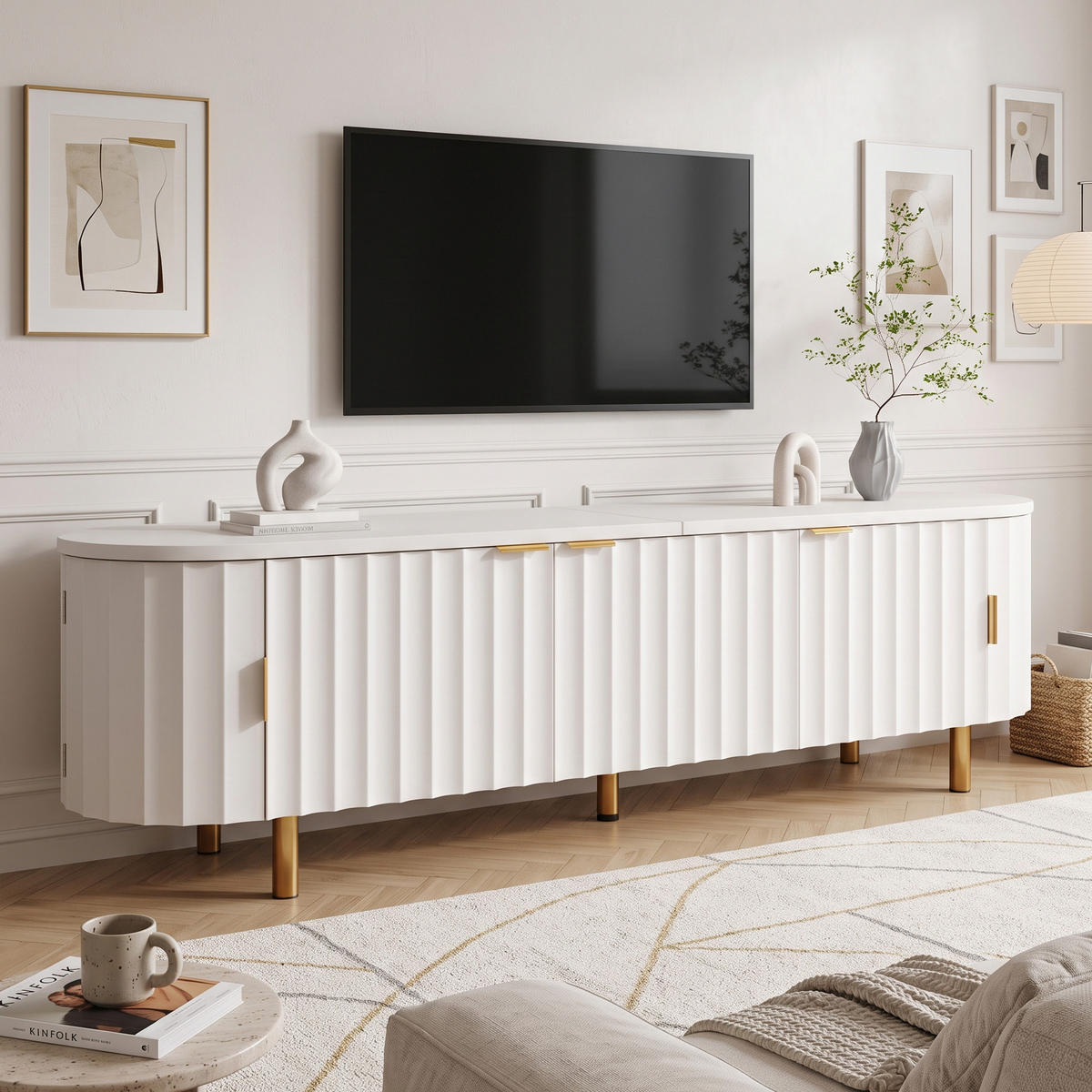 TV-LOWBOARD 170cm MDF Weiß Riffel-Optik 5 Türen Eisenfüße & Griffe - Weiß, Holzwerkstoff (170/47/40cm) - Urban Meuble