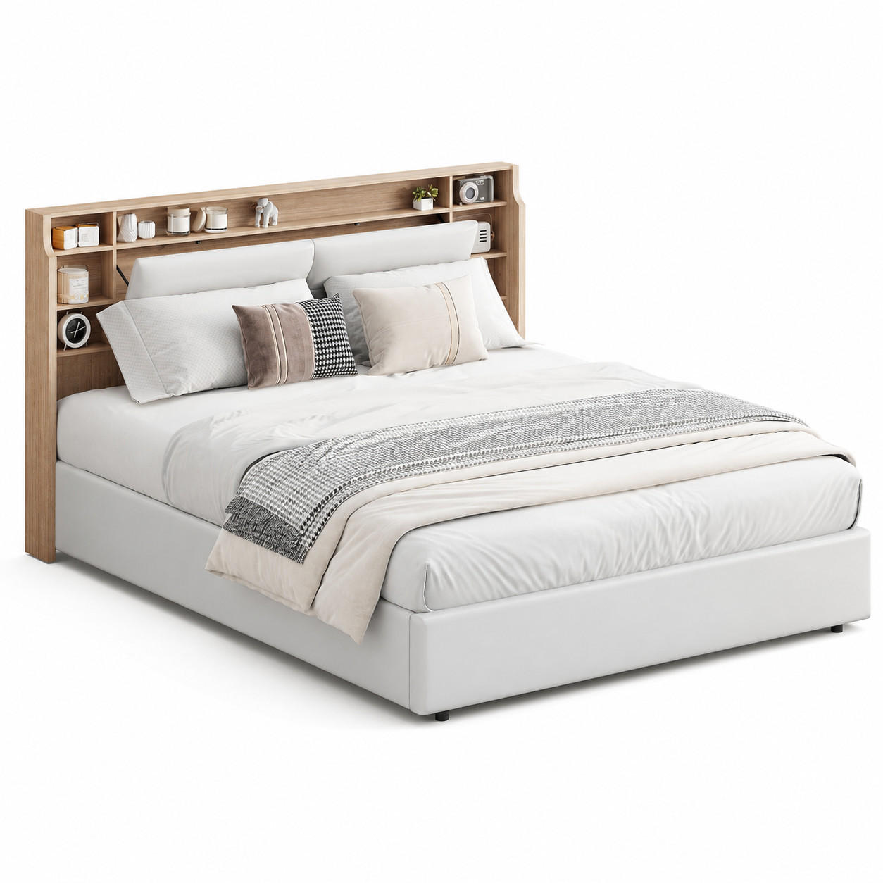 POLSTERBETT 140/200 cm mit LED & Kopfteilregal - Weiß, Holz/Metall (140/200cm) - Joyfair