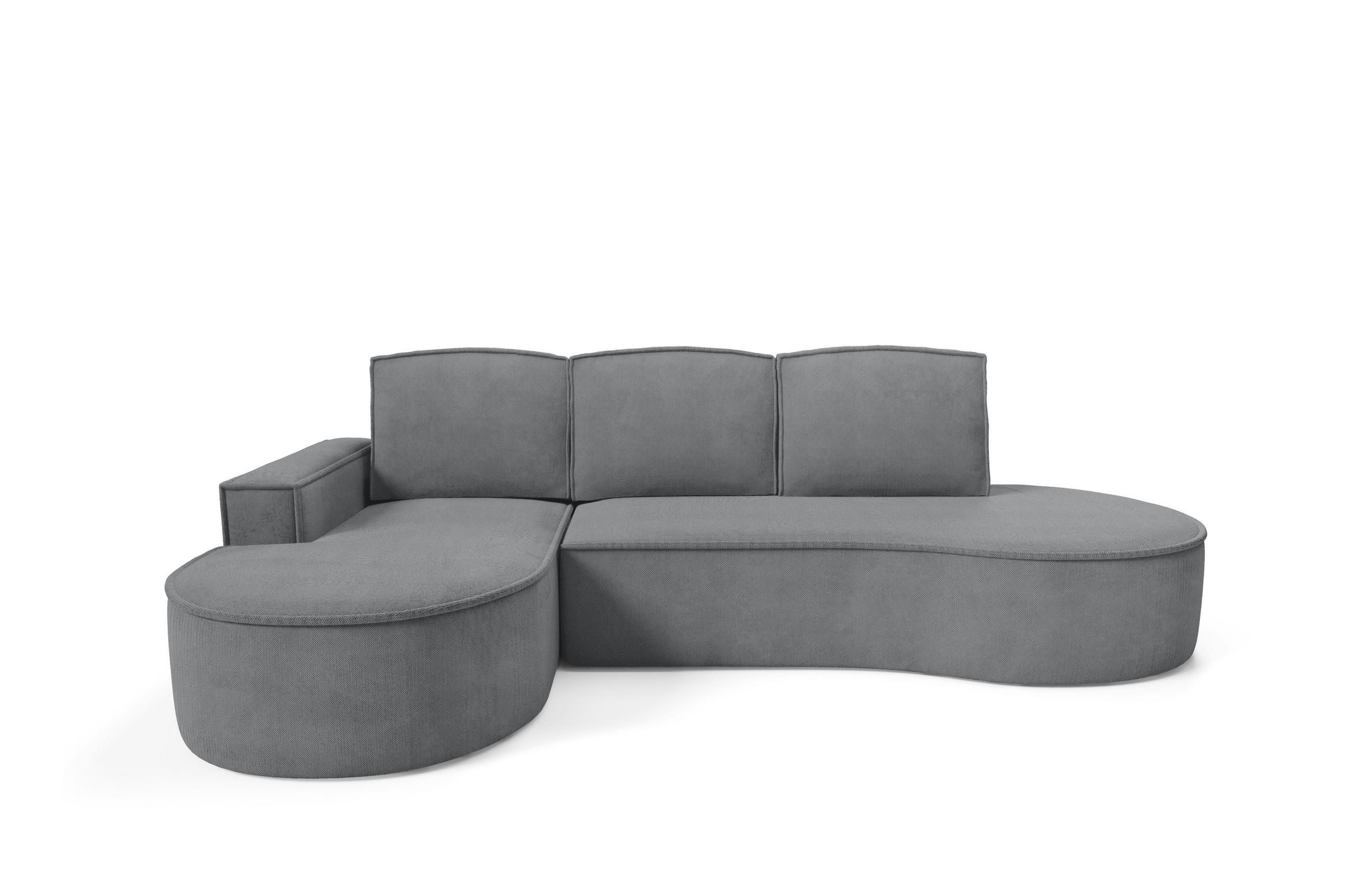 ECKSOFA MOLLY mit Schlaffunktion – Halbrund, freistehend, Liegefläche 140x207 cm, 3 Kissen, Abriamo-Stoff, 277x157x88 cm, Links Grau - Grau, Holz/Textil (157/277cm) - DomoHome