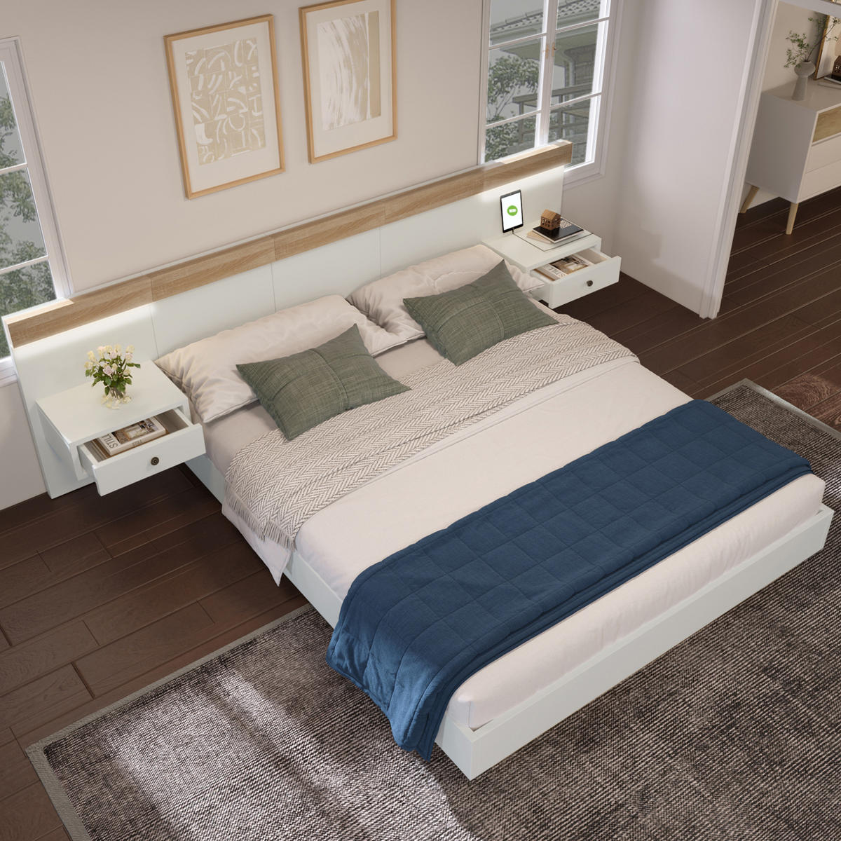 DOPPELBETT 140/200 cm mit 2 LED-Nachtkommoden, USB/Typ-C und Steckdose, Schwebeoptik, Sonoma-Eiche/Weiß - Weiß, Holzwerkstoff (140/200cm) - Redom