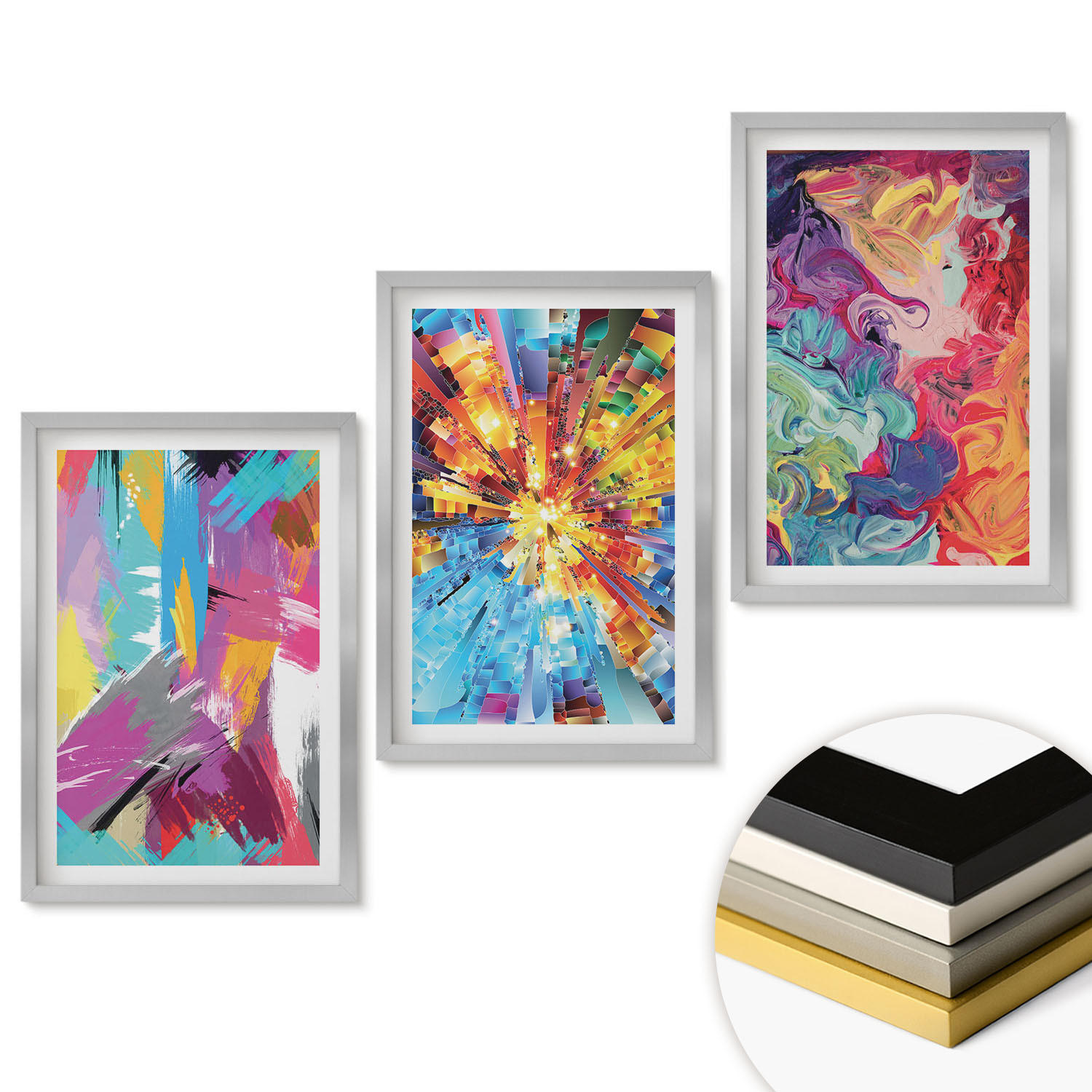 WANDBILDER 3er Set - 40x60 cm Silberner Rahmen - Bunte abstrakte Farbmuster - Silberfarben, Kunststoff (40/60cm) - ArtPrintCave