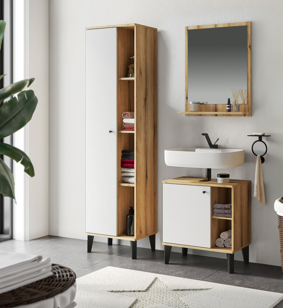 BAD-HOCHSCHRANK weiß, Evoke Eiche, Badschrank, 51 x 190 cm - Eichefarben/Schwarz, Holzwerkstoff/Kunststoff (51/190/33cm) - Furn.Design