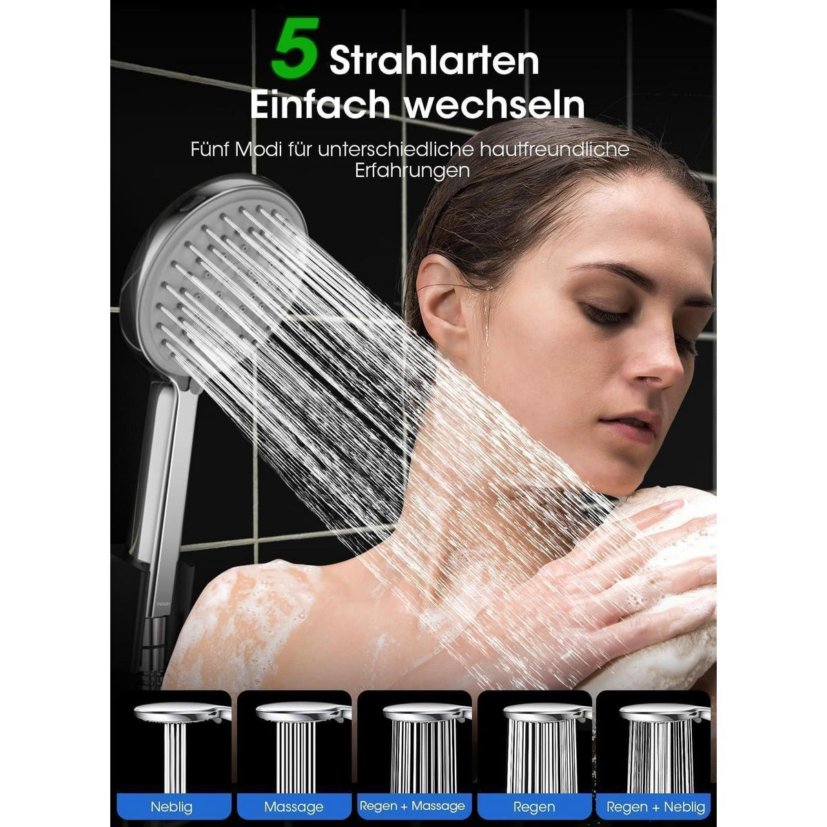 DUSCHKOPF mit Schlauch 5 Strahlarten Chrom 2M - Silberfarben, Metall (12/12.7/26.5cm)
