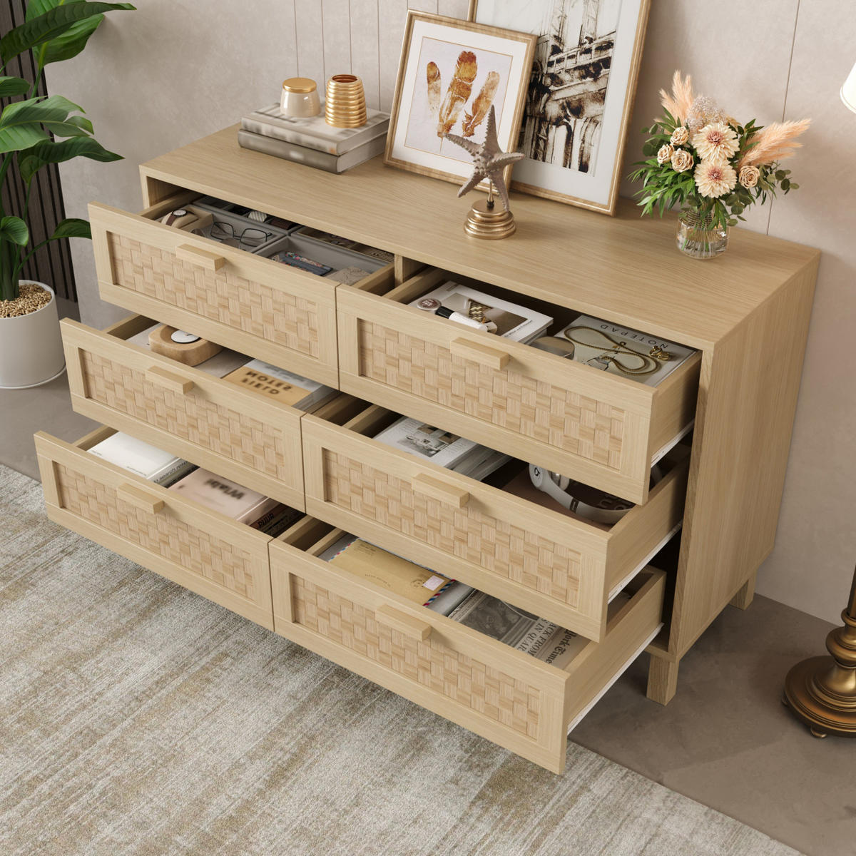SIDEBOARD mit 6 Schubladen 120/40/75 cm in Naturfarbe mit Rattanoptik - Naturfarben, Holzwerkstoff (120/75/40cm) - BEAOK