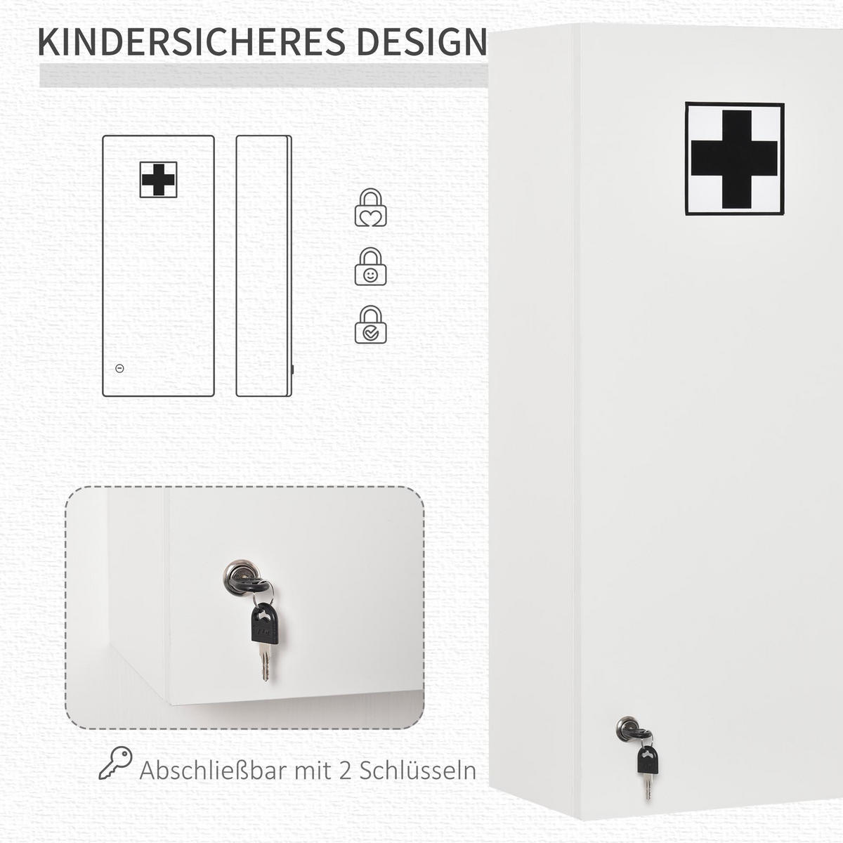 MEDIZINSCHRANK mit verstellbarer Ablage, abschließbar, für Badezimmer, Weiß - Weiß, Glas (20/70/30cm) - Kleankin